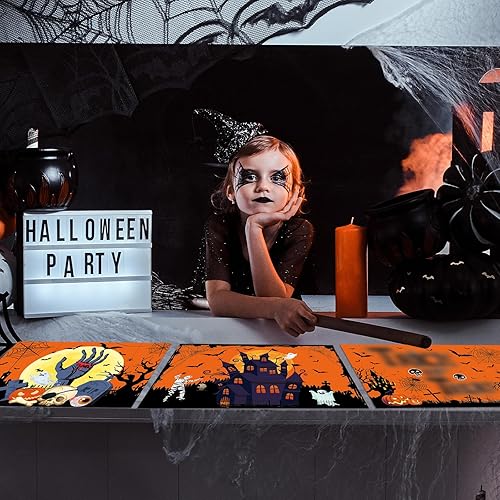 Miniatura 5 de Halloween Plastic Placemats Set of 6 Table Mats Kitchen Decor Wipe Clean Washable Orange Halloween Place Mats for Indoor Outdoor Heat Resistant