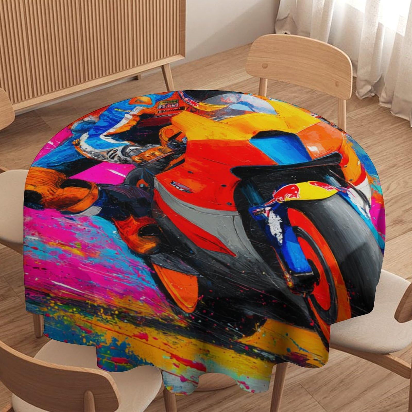 LUYYSKY Modern Funny Racer Round Tablecloth Graffiti Abstract Extreme Sports Theme Motorbike Rider Pattern Washable Decor for Table Cover for Kitchen-152.4" Wx152.4 L cm
