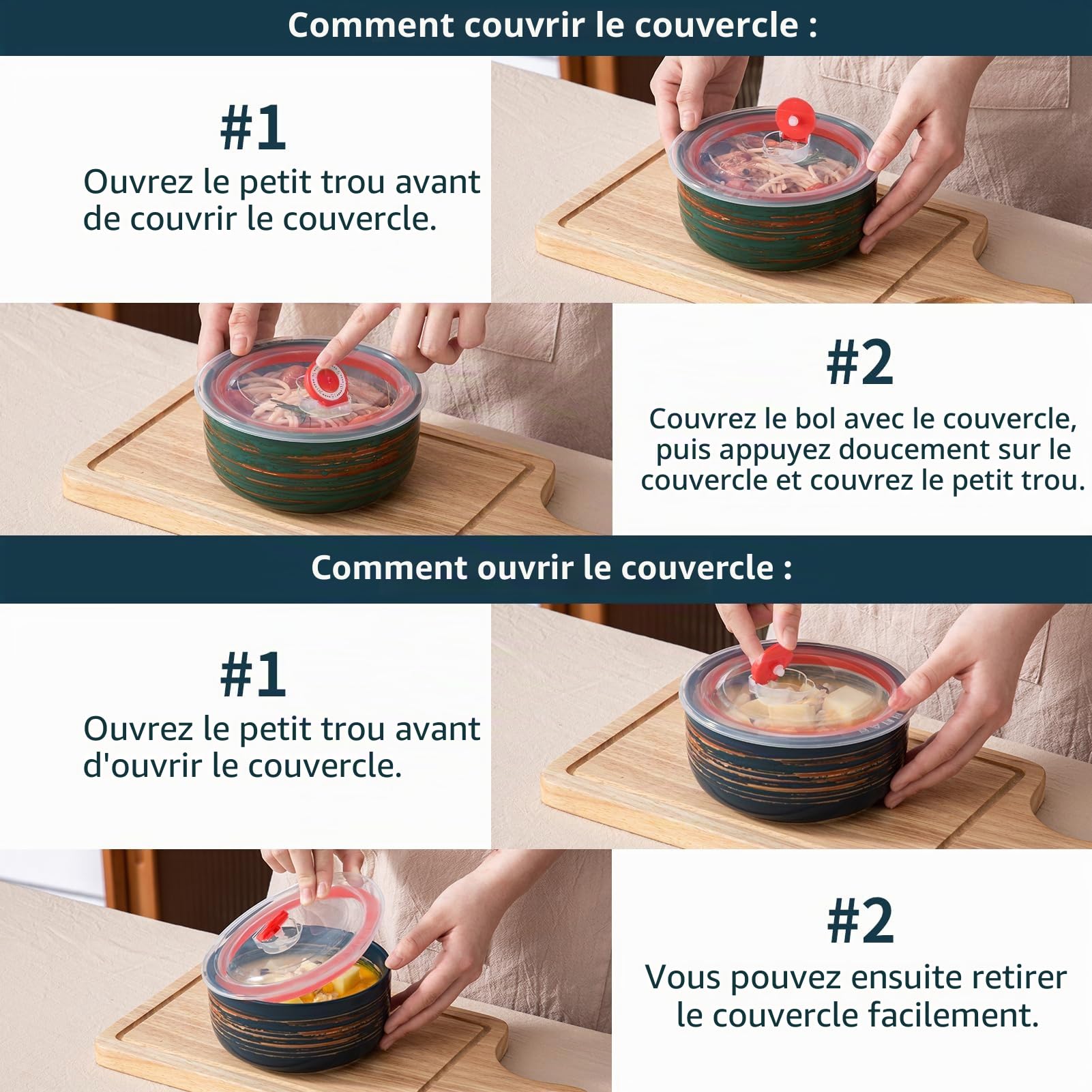 YUN TAO - Lot de 4 bols en céramique de 680 ml (23 oz) avec couvercles, récipients hermétiques de conservation des aliments de 15 cm pour la cuisine, le micro-ondes et le four, parfaits pour les