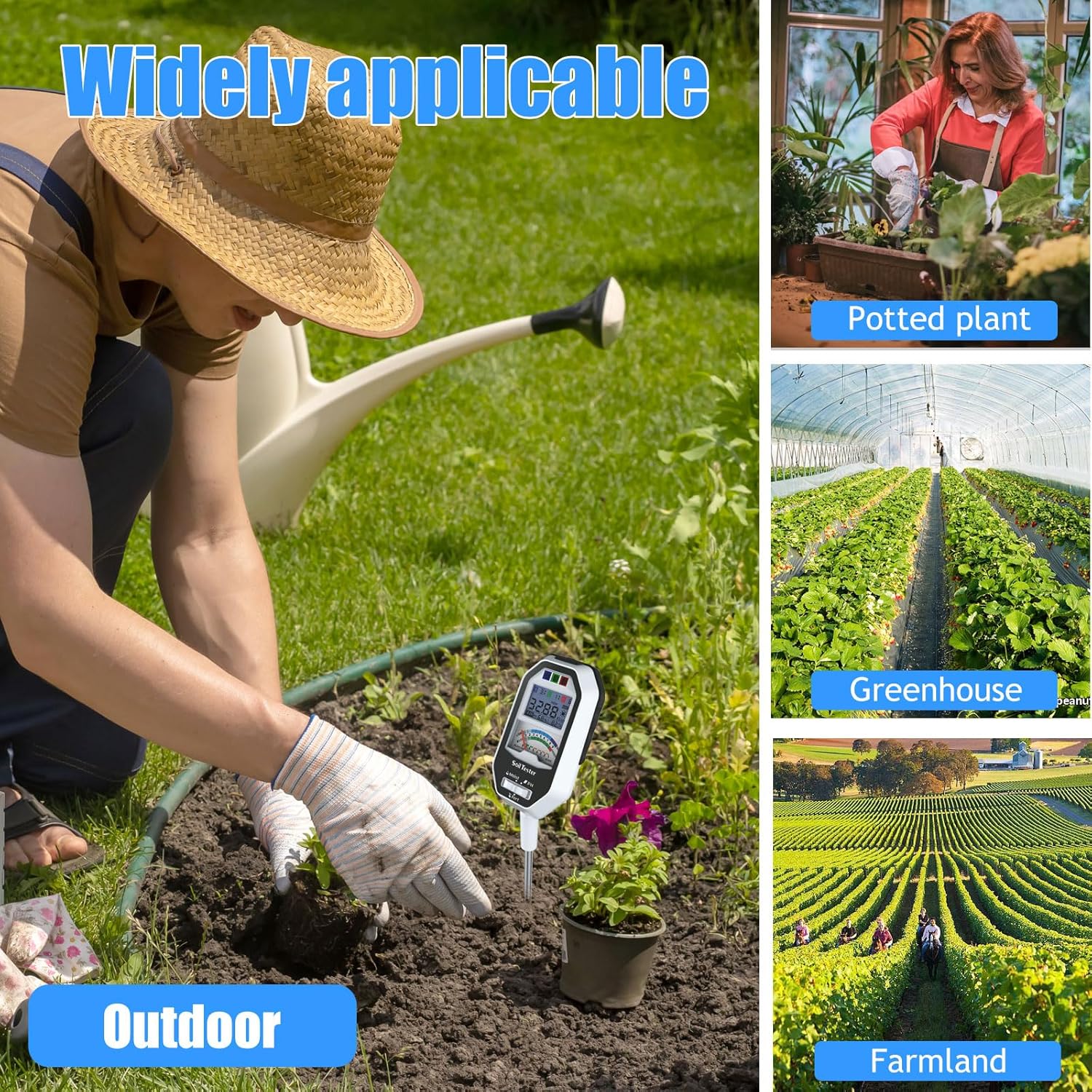 Long Probe Soil Moisture Meter, 7-in-1 Soil PH Tester/Soil Moisture/Fertility with 2 Types Probes, LCD Display Air Temp/Air Humidity/Sunlight Intensity/BGR Spectral for Plants Garden, Lawn,Indoor Outd