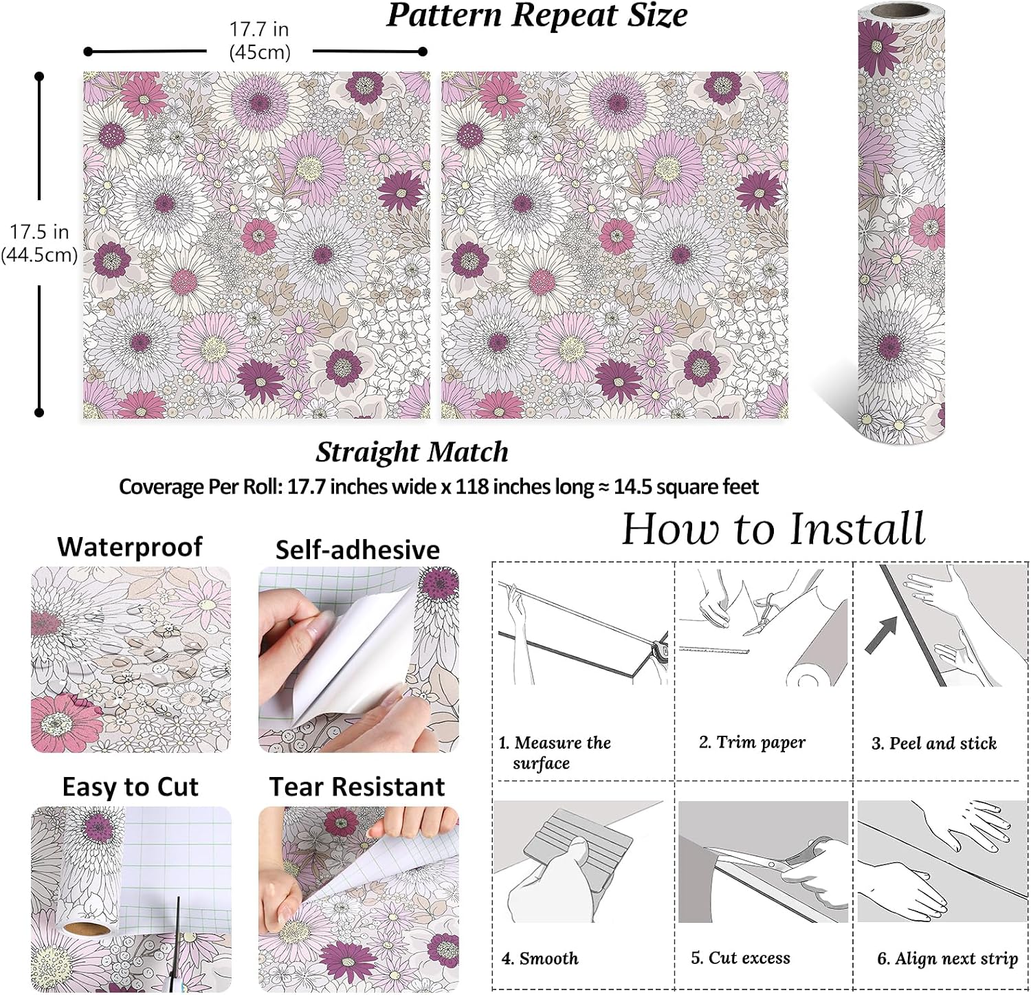 VEELIKE Retro Daisy Flower Peel and Stick Wallpaper Boho Girly Pink Floral Wallpaper for Bedroom Nursery 17.7''x354'' Renter Friendly Self Adhesive Floral Contact Paper for Furniture Cabinets Shelves