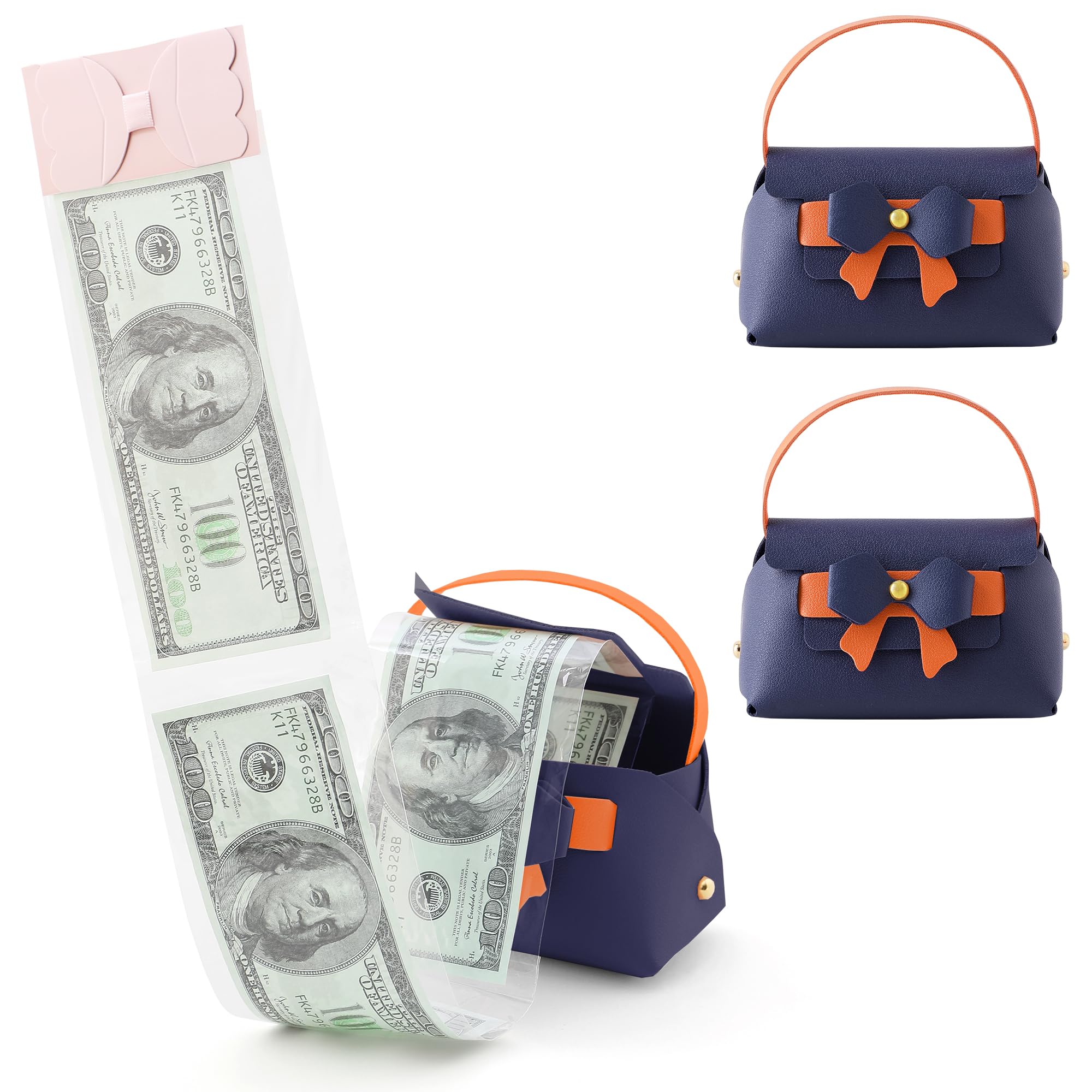 Litvana Ribbon Money Surprise Box - 2 Pack Leather Pull-Out Cash Box for Birthday, Anniversary, Christmas Gifts NavyBlue