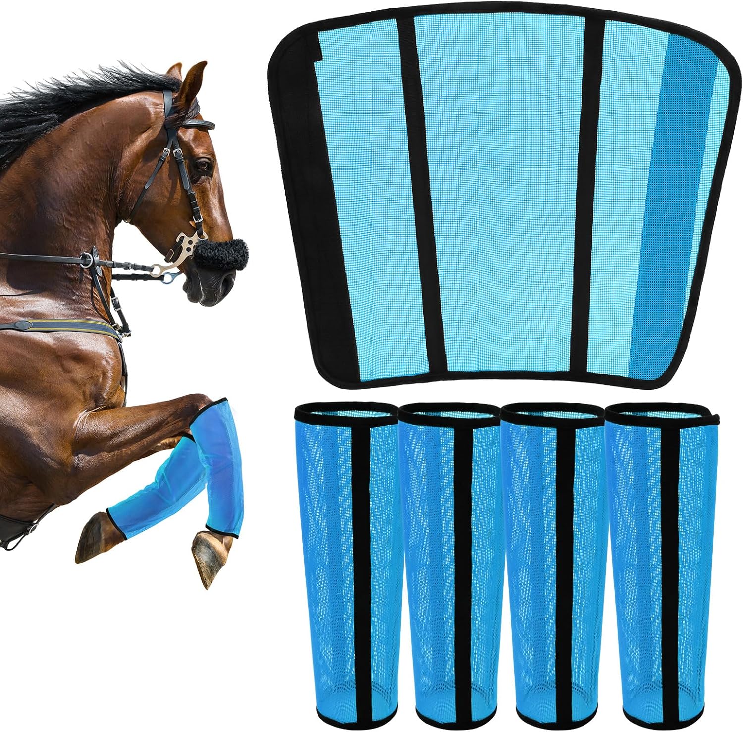 Fly Boots for Horses Set of 4 – Innovative Curved-Edge Design, Anti-Sag Stays, Breathable Mesh Leg Protection, Reduces Stomping & Fatigue, Comfort Fit for Medium to Large Horses - Blue