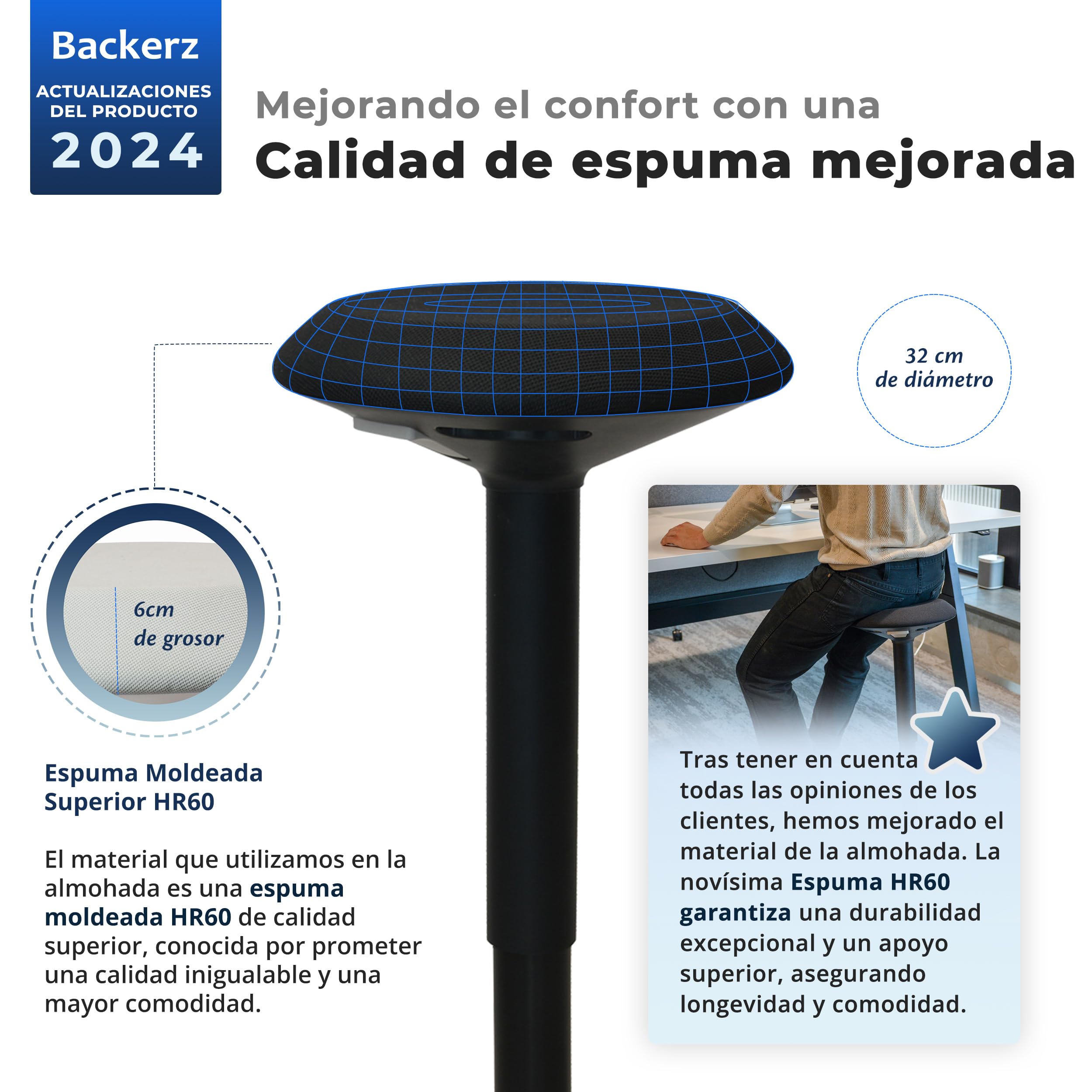 Backerz Taburete Silla Escritorio - Silla Oficina Ergonómica con Altura Regulable de 55 a 80 cm - Taburete Silla Ergonómica con Efecto Columpio Revestido con Tela Repelente al Agua, Negro Mate