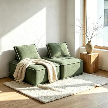Modular Sofa Single Seater, 95cm Wide Armless Floor Cushion Chair with Adjustable Backrest, Modern Velvet Lounge Chair with Removable Pillow for Small Living Room & Apartment (Green)