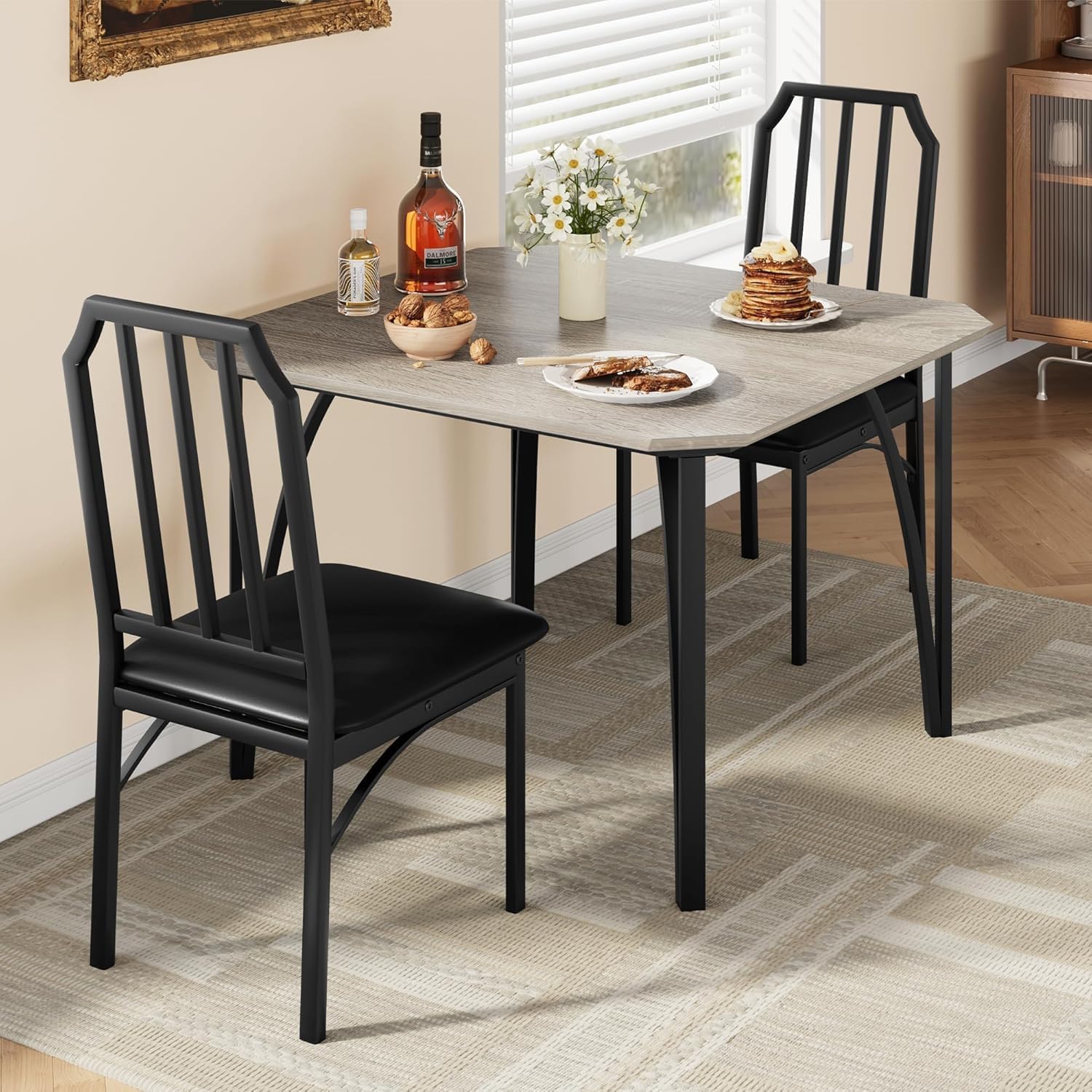 Ensemble Table à Manger 3 Pièces avec 2 Chaises Rembourrées, Métal et Bois, pour Petits Espaces