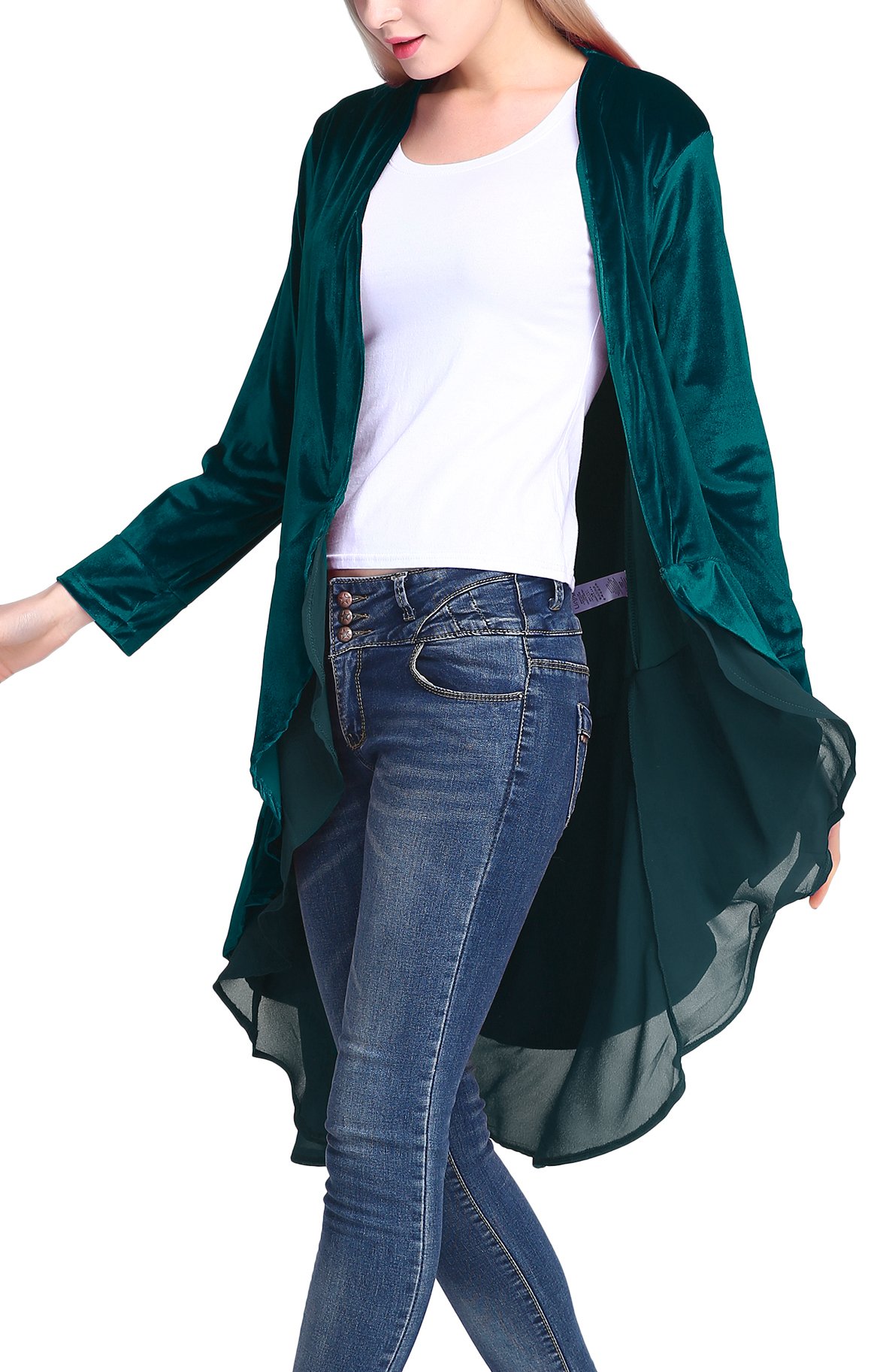 Urban CoCoWomen's Long Sleeve Velvet Cardigan Coat with Asymmetric Chiffon Hem