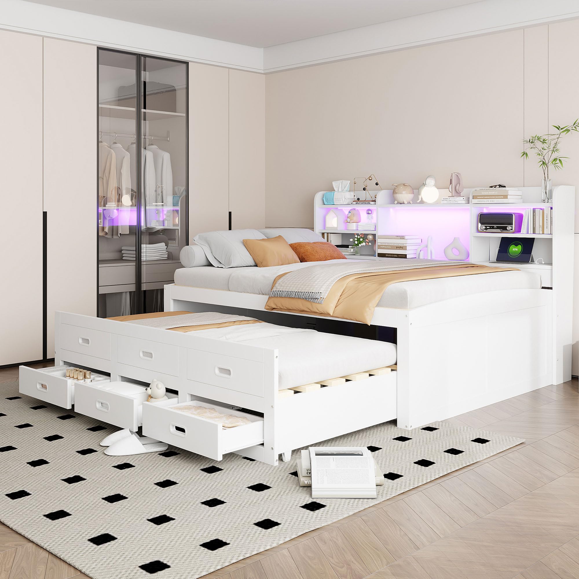 cama de día juvenil 140 x 200 cm con cama nido y 3 cajones, individual LE/D, varios compartimentos y función US/B, tablero de partículas (sin colchón, blanco)