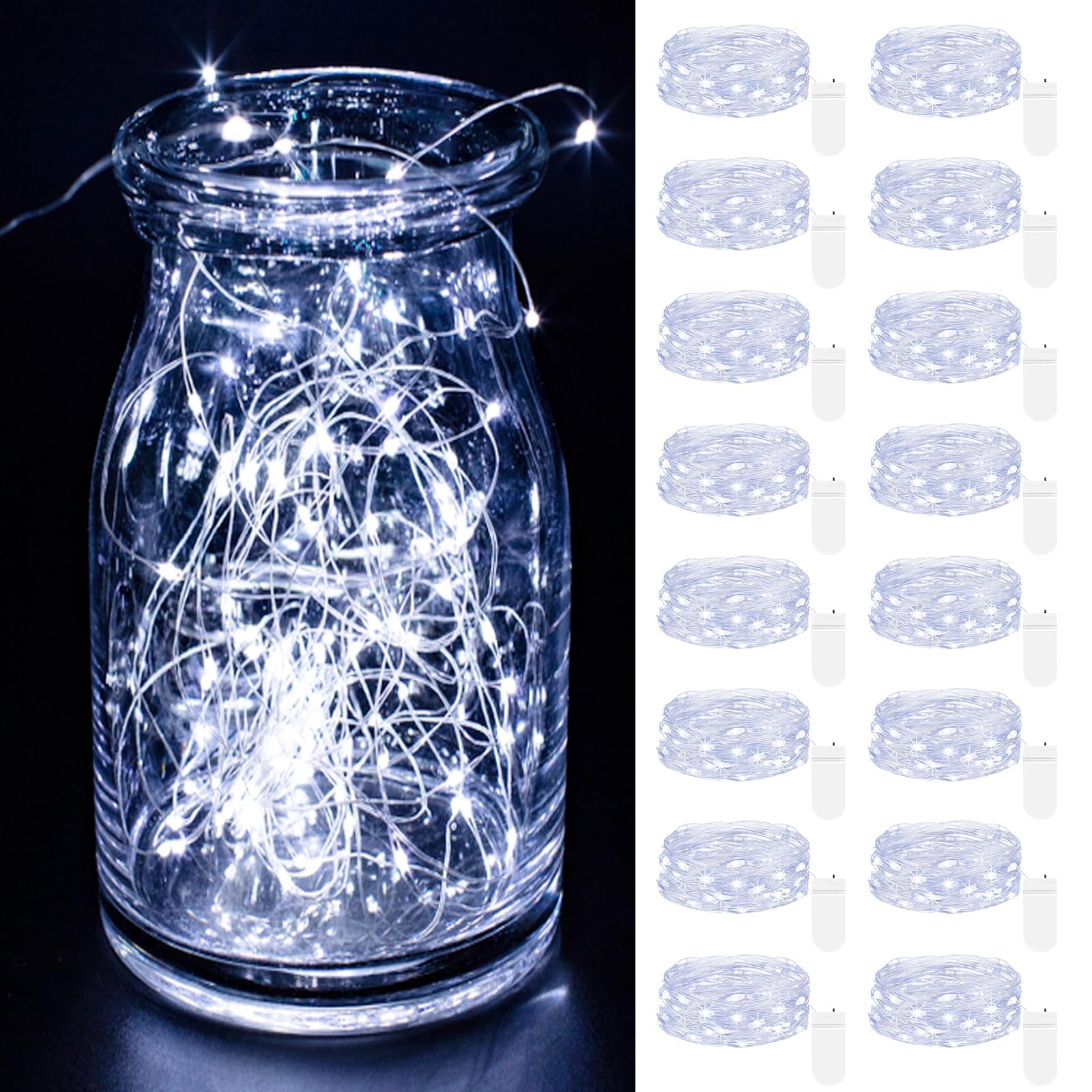 kolpop 16 Piezas Luces LED Pilas, Guirnalda Luces Pilas 2m 20 LEDs Luces Navidad Pilas, Impermeables Luces de Cadena Micro con Pilas para Jardín, Balcón, Interior, Boda, Fiesta - Blanco Frío