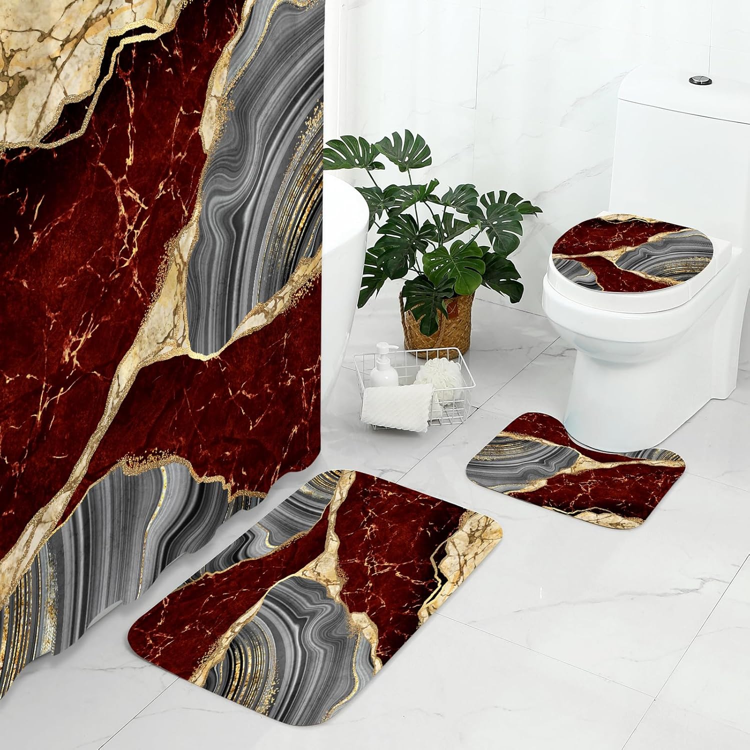 Gibelle 4 Pcs Marble Shower Curtain Set with Non-Slip Rugs, Toilet Lid Cover and Bath Mat, Luxury Red Bathroom Decor Set with Shower Curtain and Rugs and Accessories