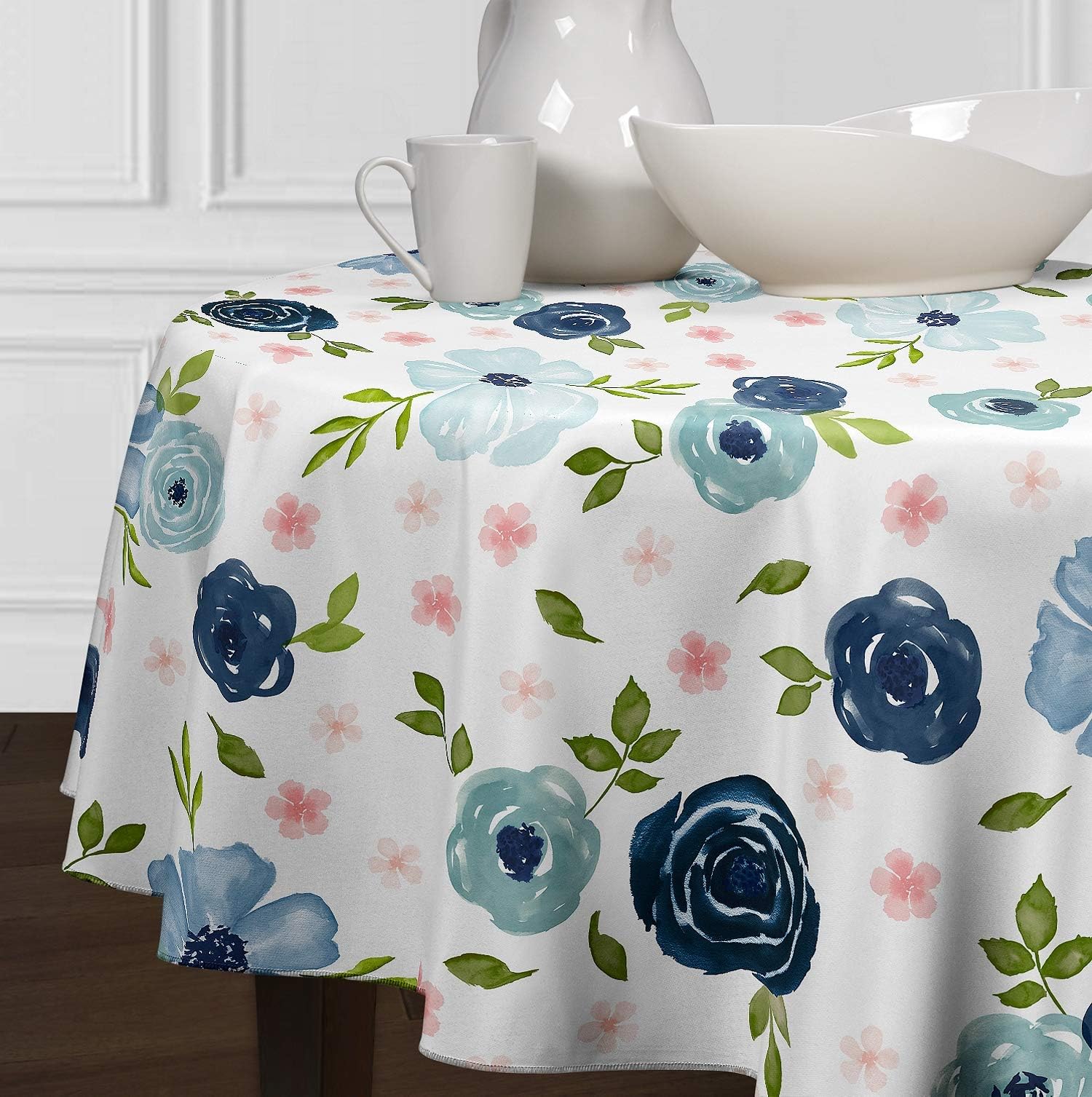 Blush Pink Green Navy Blue White Shabby Chic Watercolor Rose Flower Floral Overlay Cover Tabletop Tablecloth for Dining Room Kitchen Round 90”