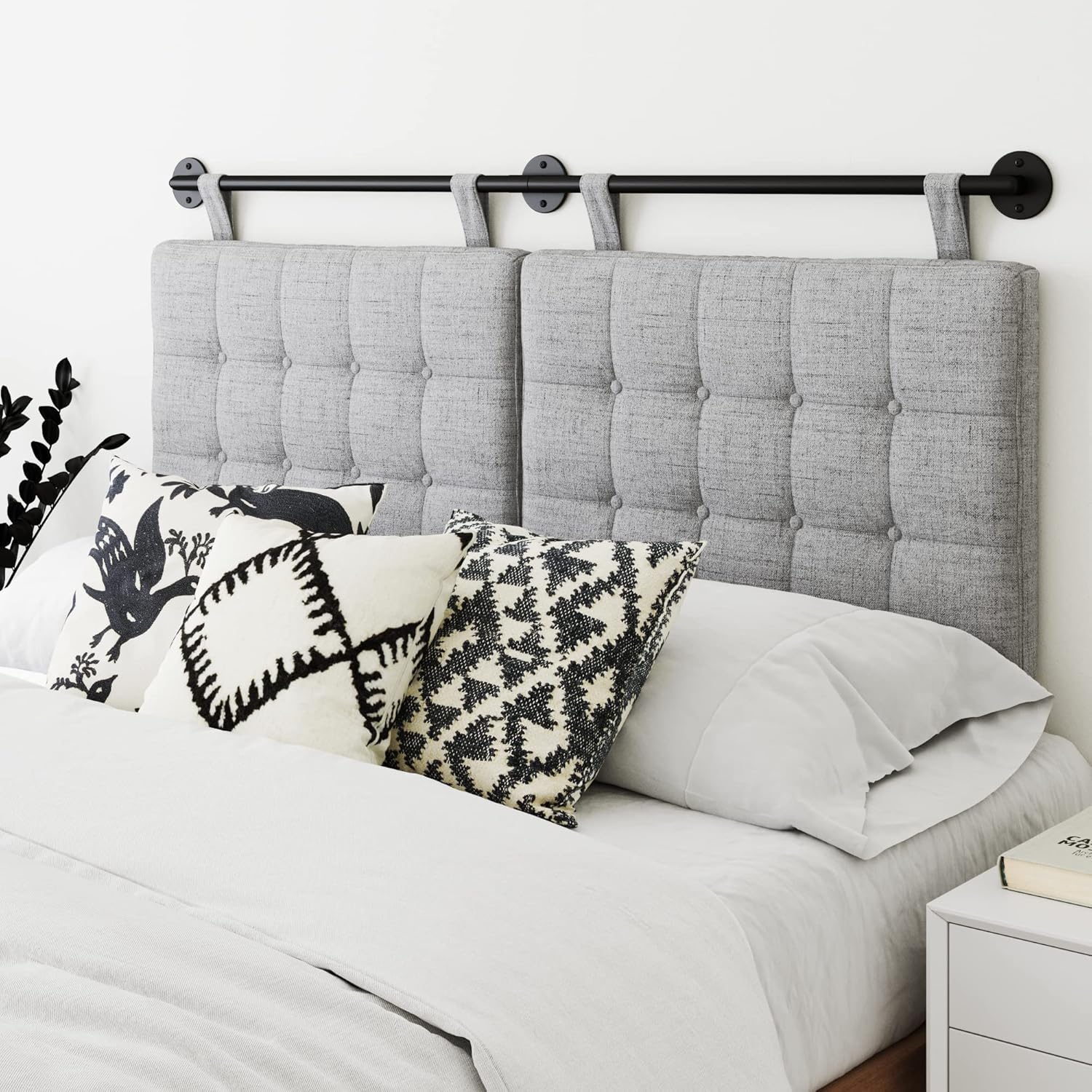 Nathan James Remi Queen Size Grey Button Tufted Wall Mount Headboard, Padded Upholstered Fabric Panels, Adjustable Height Straps with Black Matte Metal Rail, Grey/Black Queen Grey/Black