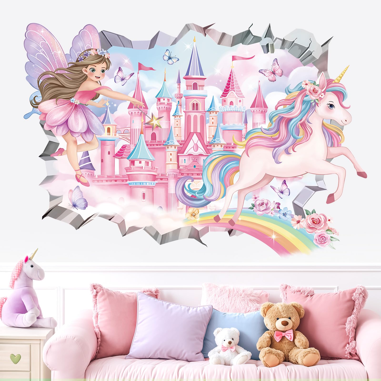 decalmile 3D Fairy Castle Wall Decals Unicorn Crack Hole Rainbow Wall Stickers Girls Bedroom Baby Nursery Kids Room Home Decor - Image 2