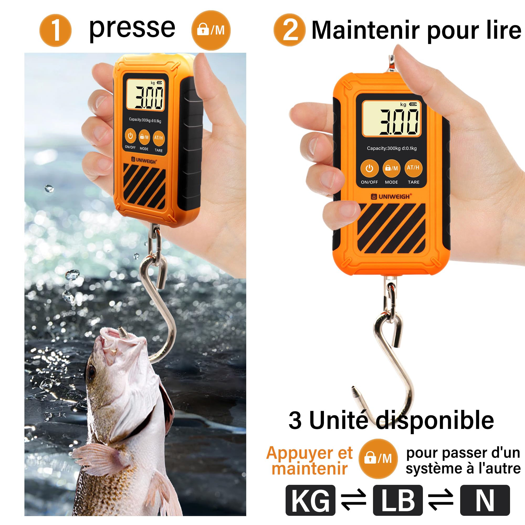 UNIWEIGH Numérique Balance à bagages,300KG/660LB Mini balance à grue,Postale suspendue avec écran LCD,Portable à main&Grand crochet,Échelle de cerf avec Hold&Tare,pour Garage Farms Chasse Pêche