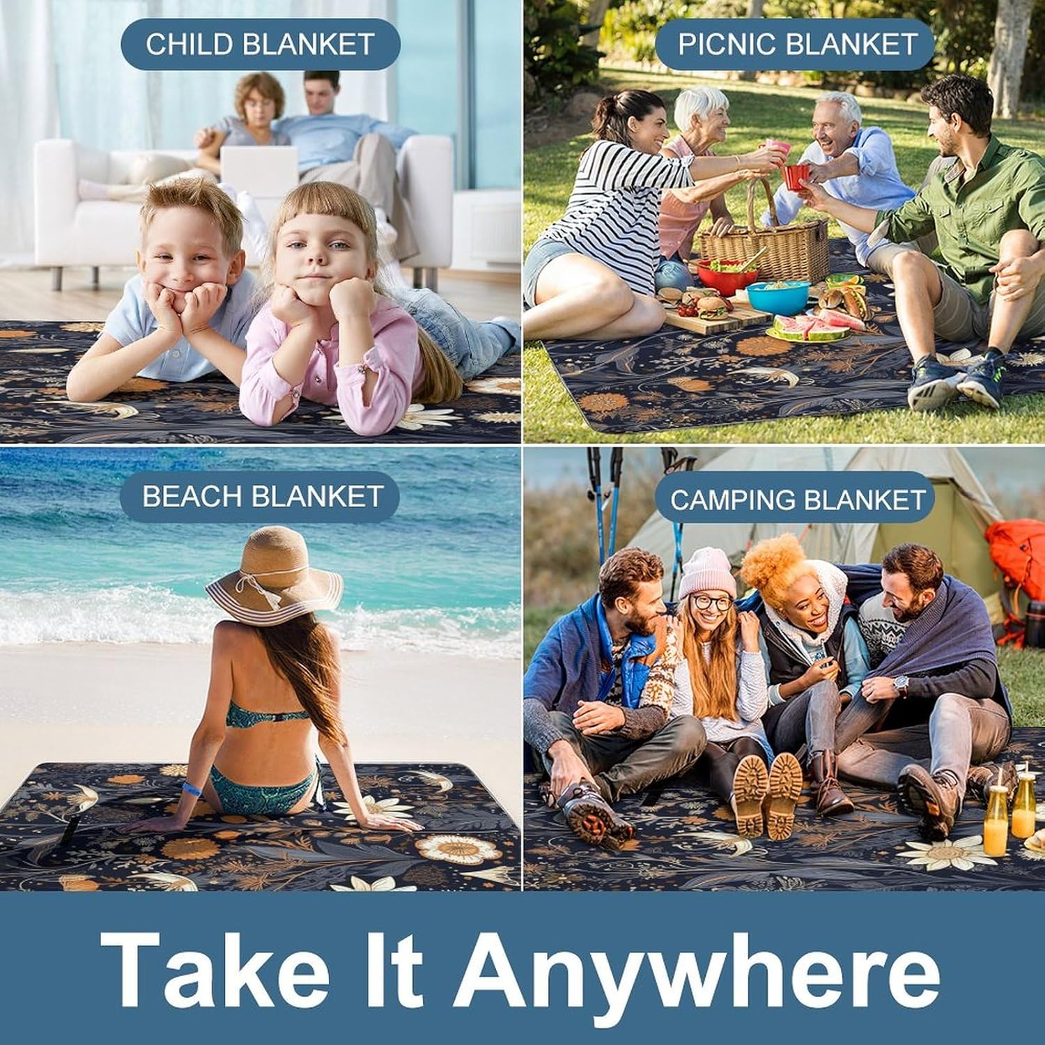 Picnic Mat Beach Blanket, Decorated with Stars Printed Picnic Blankets Waterproof Foldable Extra Large,Square Picnic Mat,for Hiking Travelling Outdoor Camping,Parks