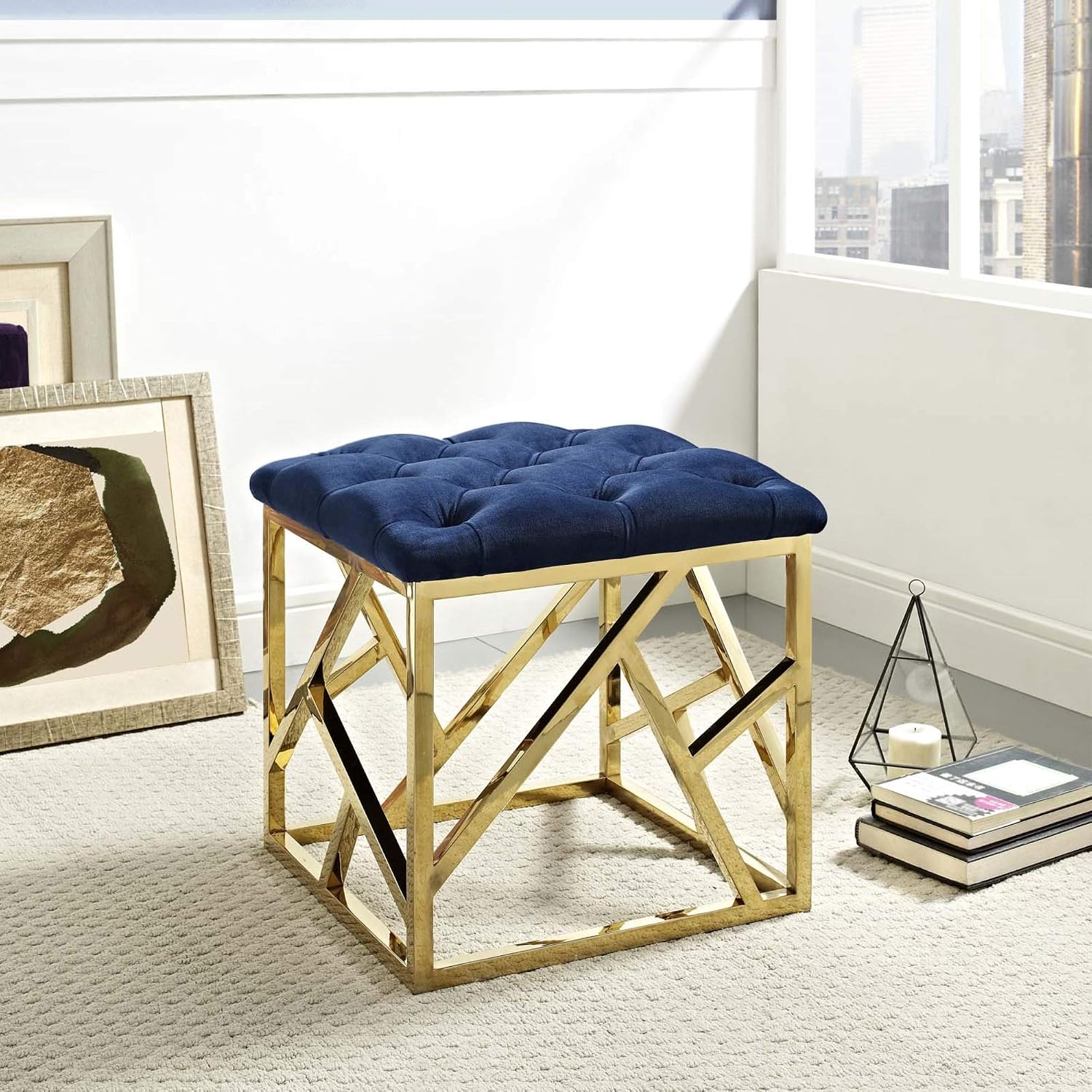 Ergode Intersperse Ottoman | Polished Stainless Steel Base | Tufted Velvet Top | Non-Marking Footpads | 331 lbs Weight Capacity