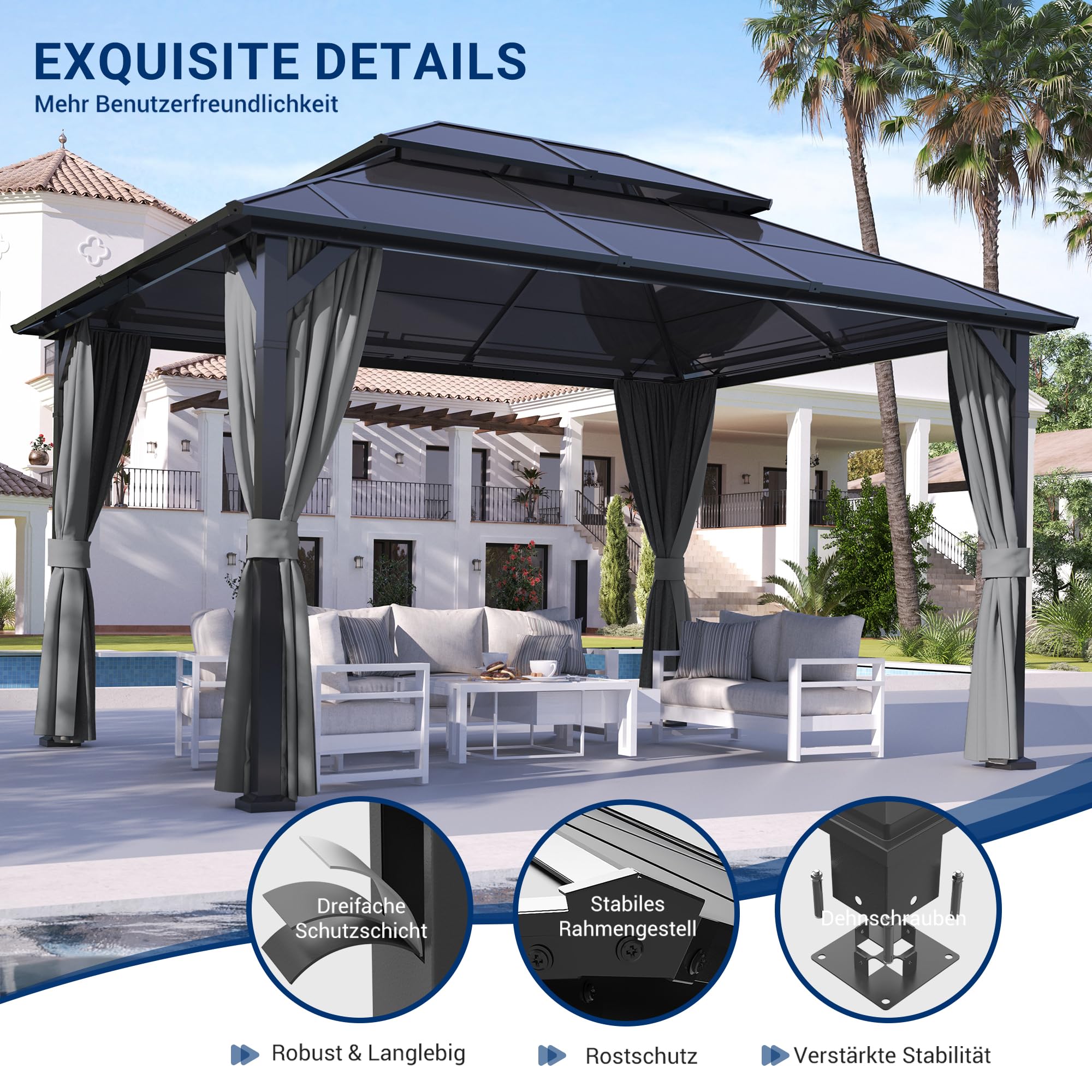 Amopatio Tonnelle de Jardin, 3 x 4 m, étanche, Stable, résistante à l'hiver, avec Polycarbonate – Double Toit, Toit Rigide, avec parois latérales pour Jardin, terrasses, Gris foncé