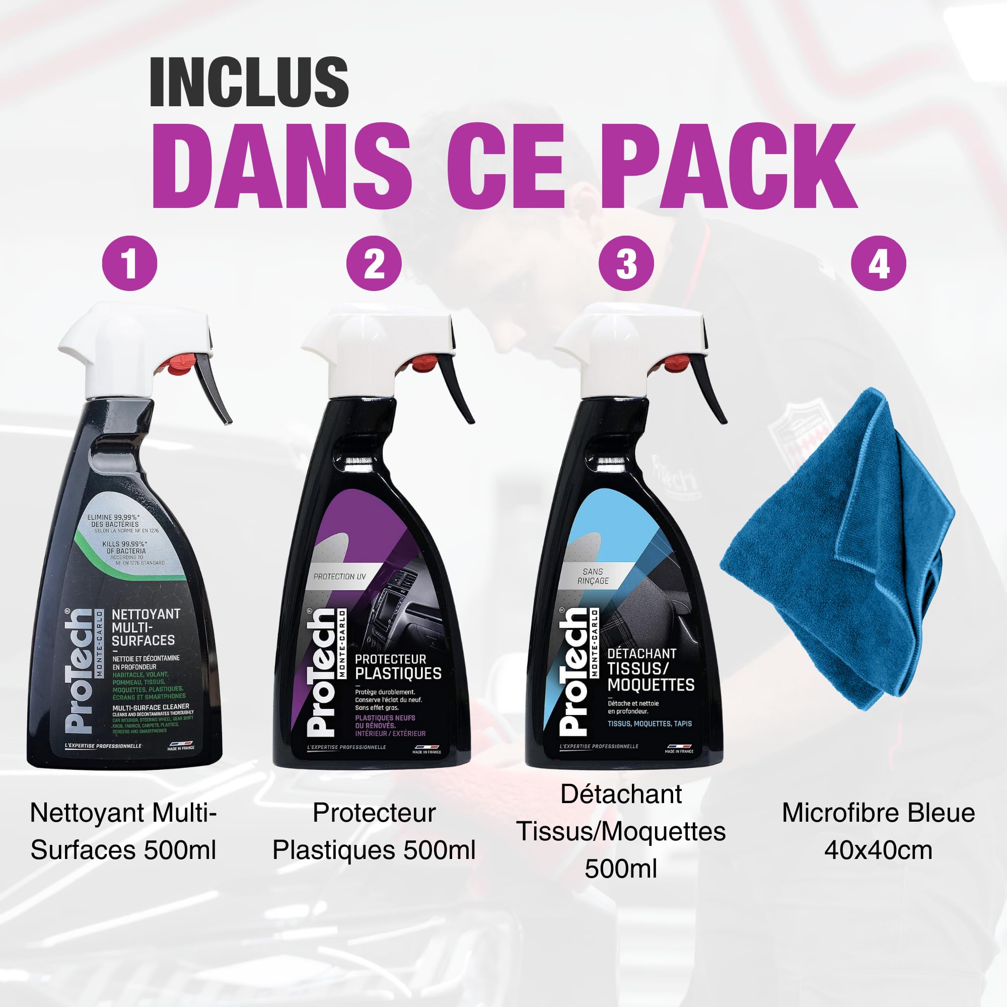 ProTechMC I Kit Nettoyage Intérieur Voiture - 3 Sprays 500 ml, Multi-Surfaces + Protecteur Plastiques + Détachant Tissus & Moquettes - Avec Chiffon Microfibre - Made in France