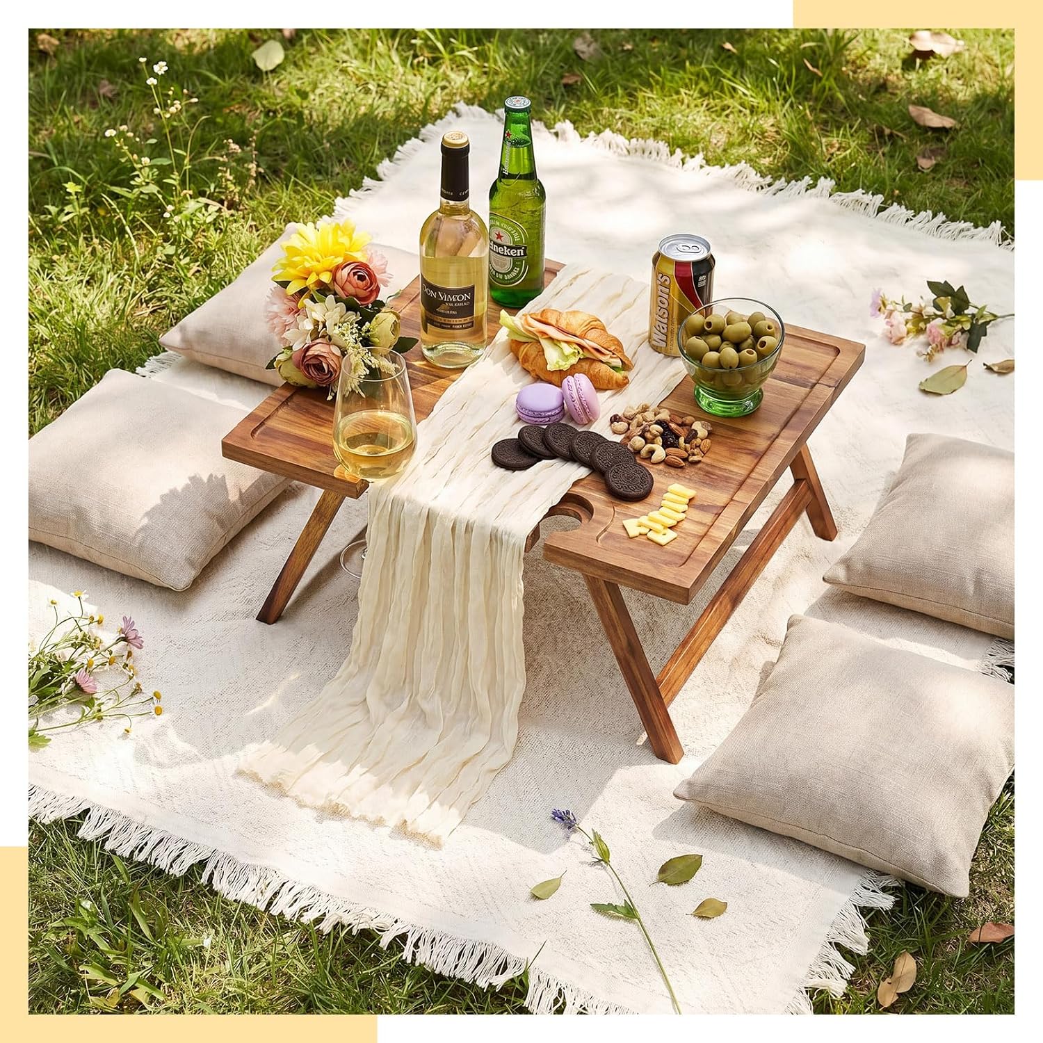 Novabright 3 Pcs Picnic Set Folding Wine Table Blanket Outdoor, Beige
