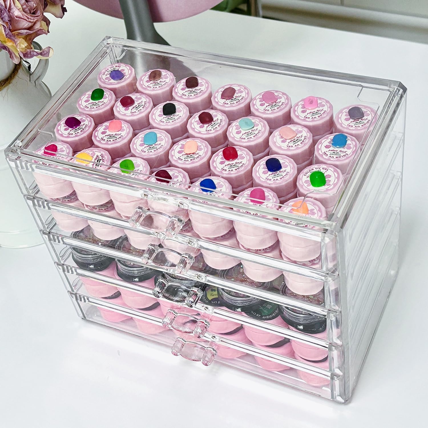5 Tier Nail Art Decoration Storage Box，Acrylic Make Up&Jewelry Organizer with Drawers, Cosmetic Storage for Dresser Countertop and Bathroom，Transparent Acrylic Nail Art Jewelry Accessories