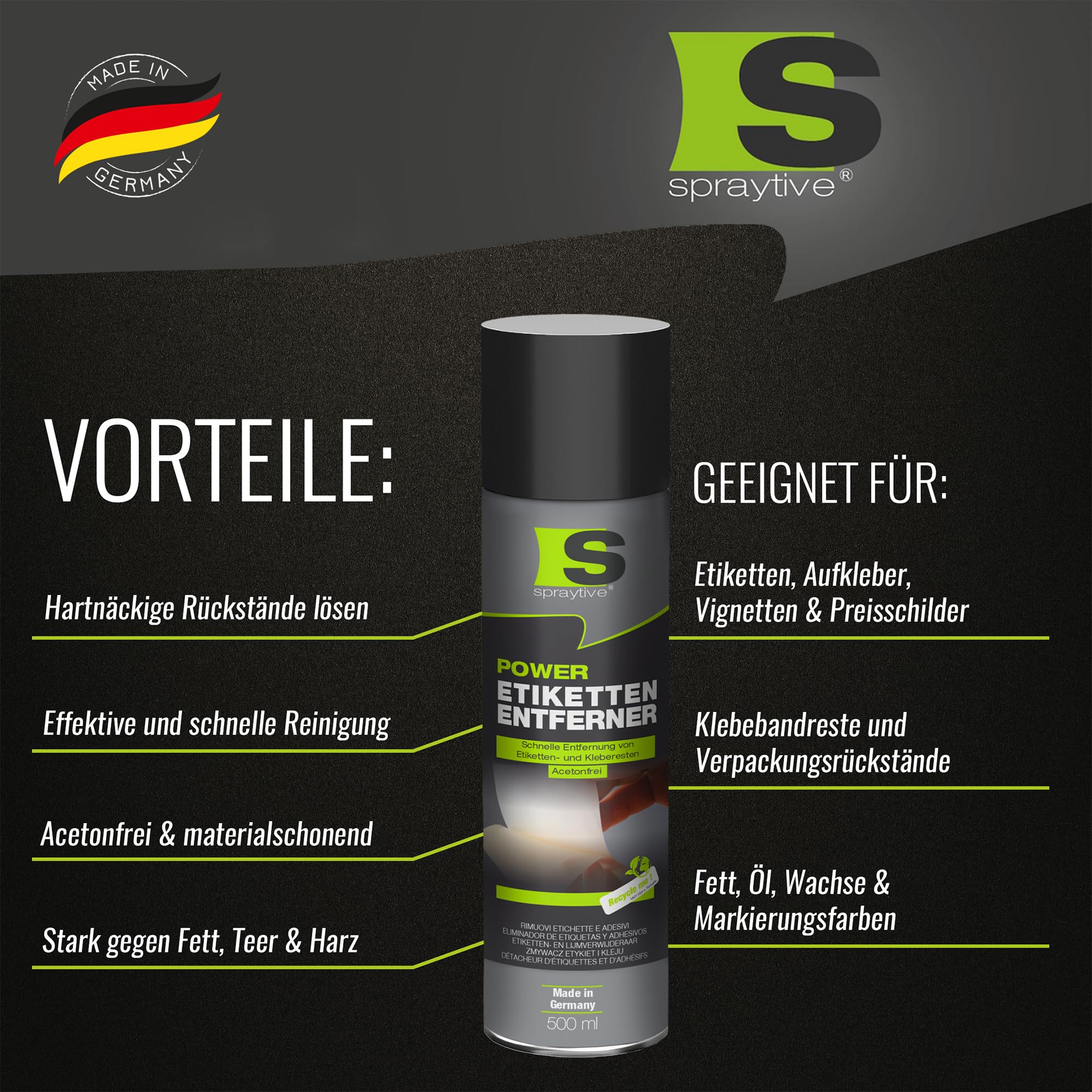 6 x 500ml Power Etikettenentferner – Acetonfrei, Klebereste-Entferner & Etikettenlöser, Reiniger für Aufkleber & Markierungsfarben – Schnelle, rückstandslose Entfernung - Made in Germany