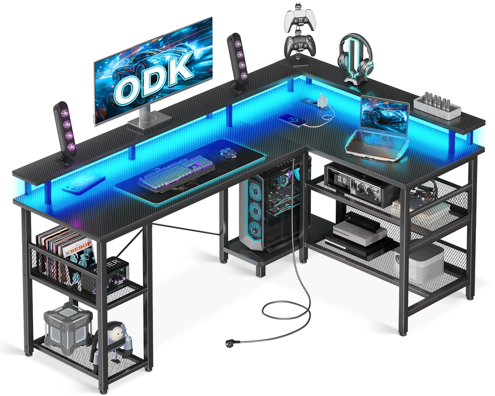 ODK Gaming Tisch mit LED, 150×102cm Reversibel Gaming Schreibtisch mit 2 Steckdosen & 2 USB-Ladeanschlüssen, Eckschreibtisch Groß mit Netzablage, Kohlefaser Schwarz