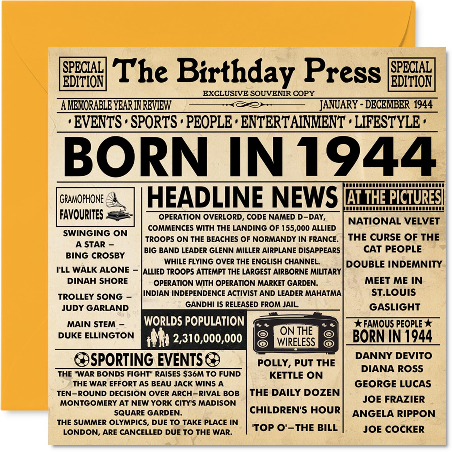 82nd Birthday Cards for Men Women - Born In 1944 Newspaper - Happy 82 Birthday Card for Grandad Grandma Nan Vintage Retro Back In 1944, 145mm Bday Greeting Cards
