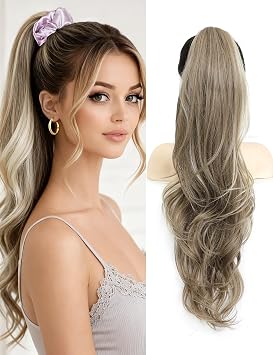 Claw Clip on Hair Pieces for Women Ponytail Extension 26 Inch Long Blonde Synthetic Hair Fake Curly Hairpieces Clip in Pony Tails Blonde
