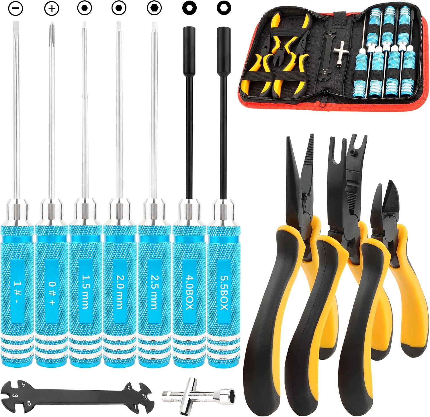 12 Pieces RC Car Repair Tool Kit with Hex Phillips Flat Screwdrivers, Pliers, Spanners, Wrenches–Hobby Tool Set Compatible with RC Car Drone Helicopter Airplane Boat Multirotor Models(Red)
