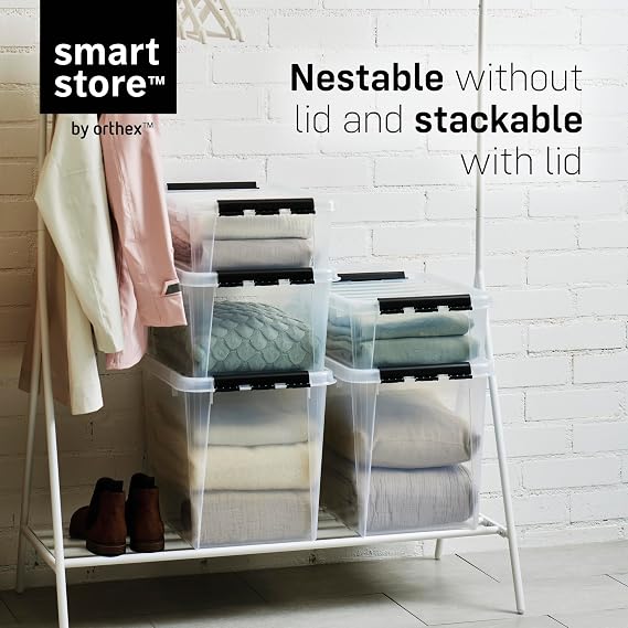SmartStore 31L Clear Plastic Storage Boxes, 4 Pack, Reinforced, Food Safe, Clip Locked, Stackable and Nestable, BPA Free L50 x W39 x H26 cm