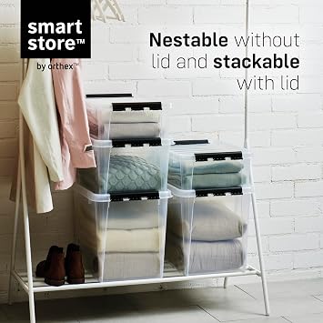 SmartStore 31L Clear Plastic Storage Boxes, 4 Pack, Reinforced, Food Safe, Clip Locked, Stackable and Nestable, BPA Free L50 x W39 x H26 cm