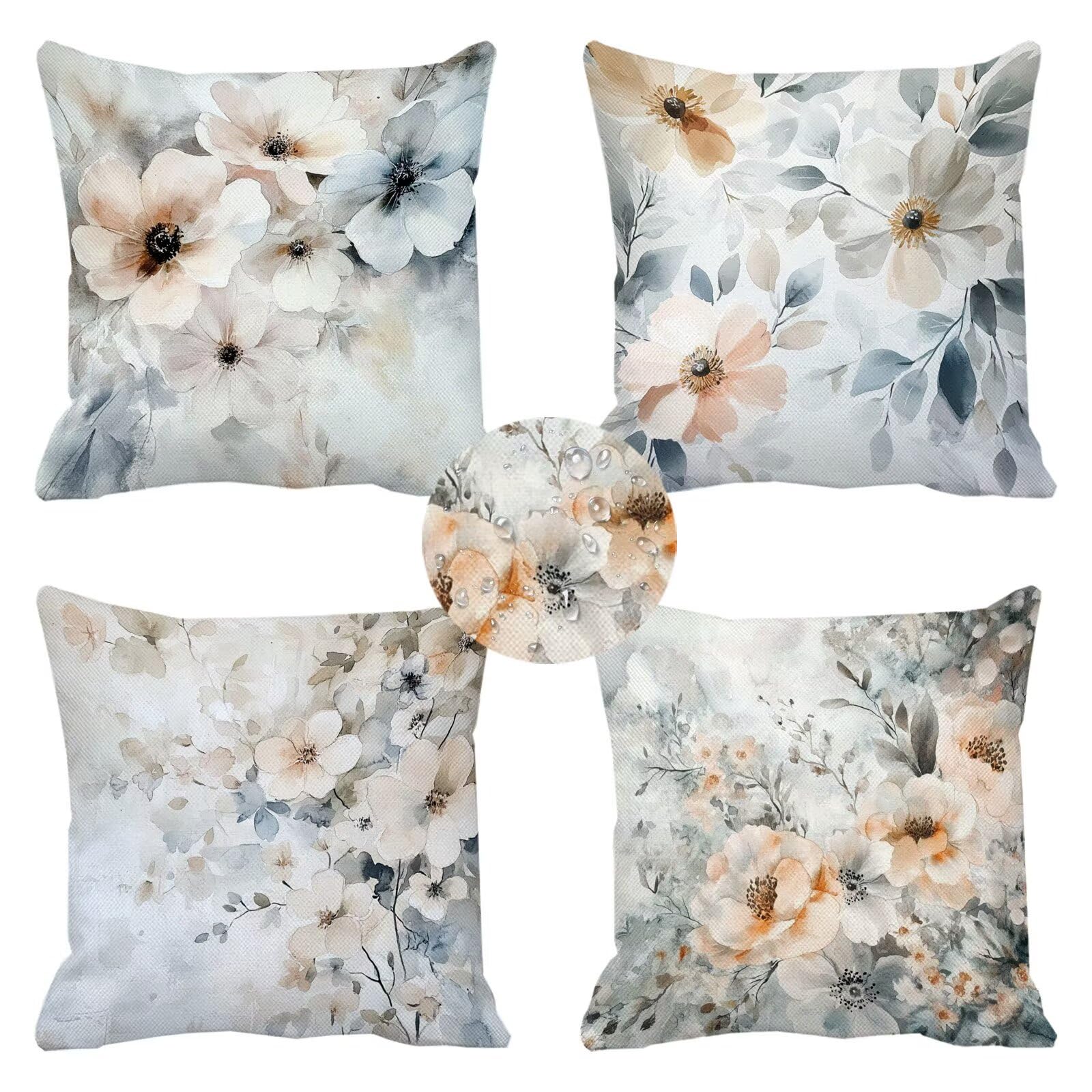 Housse de coussin pour salon de jardin et terrasse design printanier rose lin gris 50x50 k-545