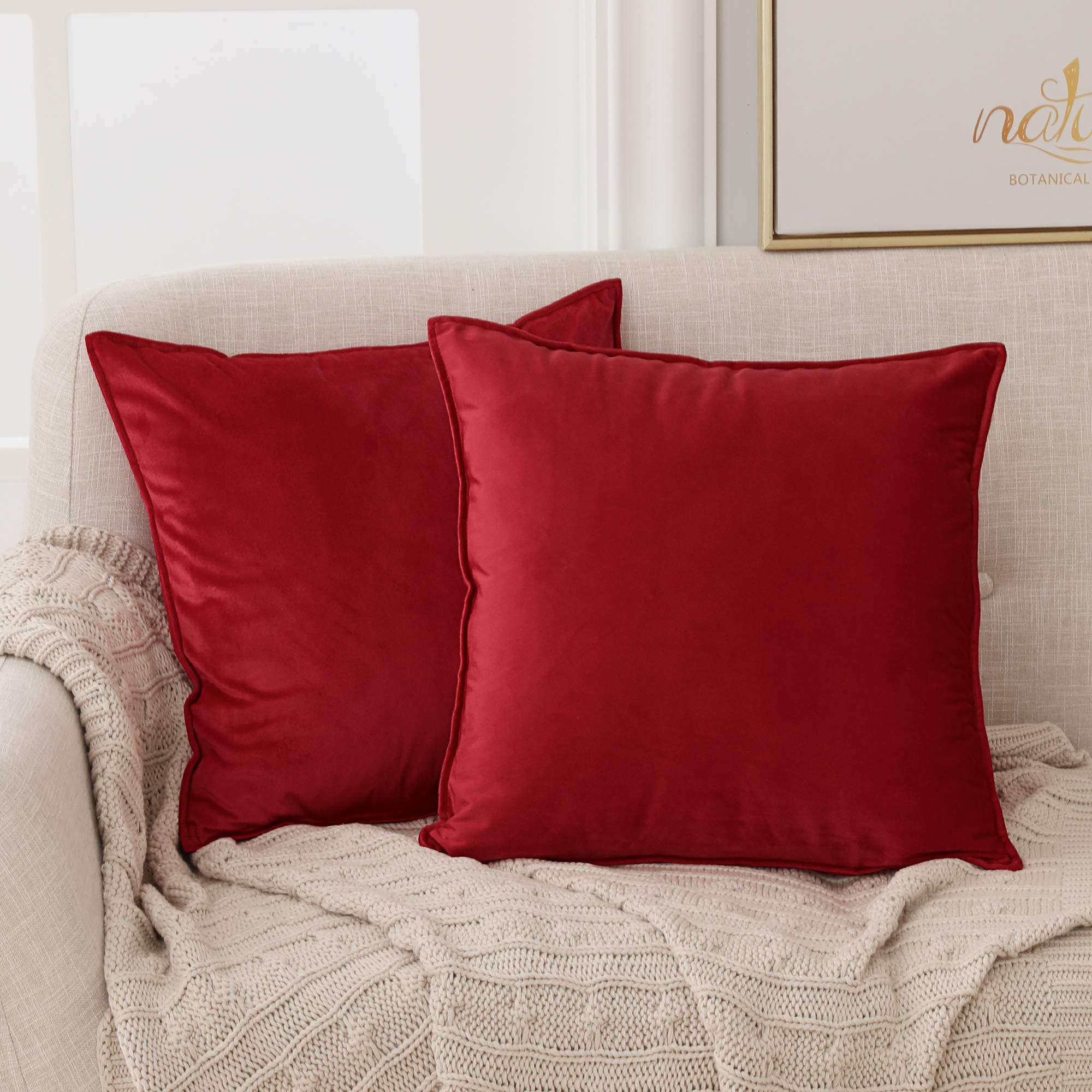 Deconovo Set of 2 Home Decoration Square Crushed Velvet Cushion Covers 55cm x 55cm 22x22 Inches Throw Pillow Cases Flanges Cushion Covers for Teen Girls with Invisible Zipper Red