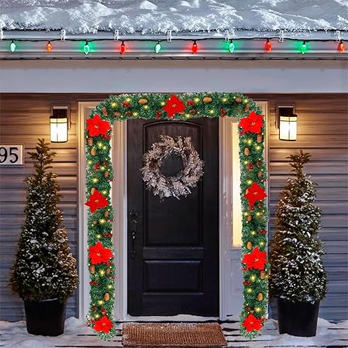 Miniatura 5 de Hausse Guirnalda de Navidad preiluminada de 9 pies, guirnaldas de Navidad artificiales iluminadas, decoraciones verdes con conos de bayas de flor de