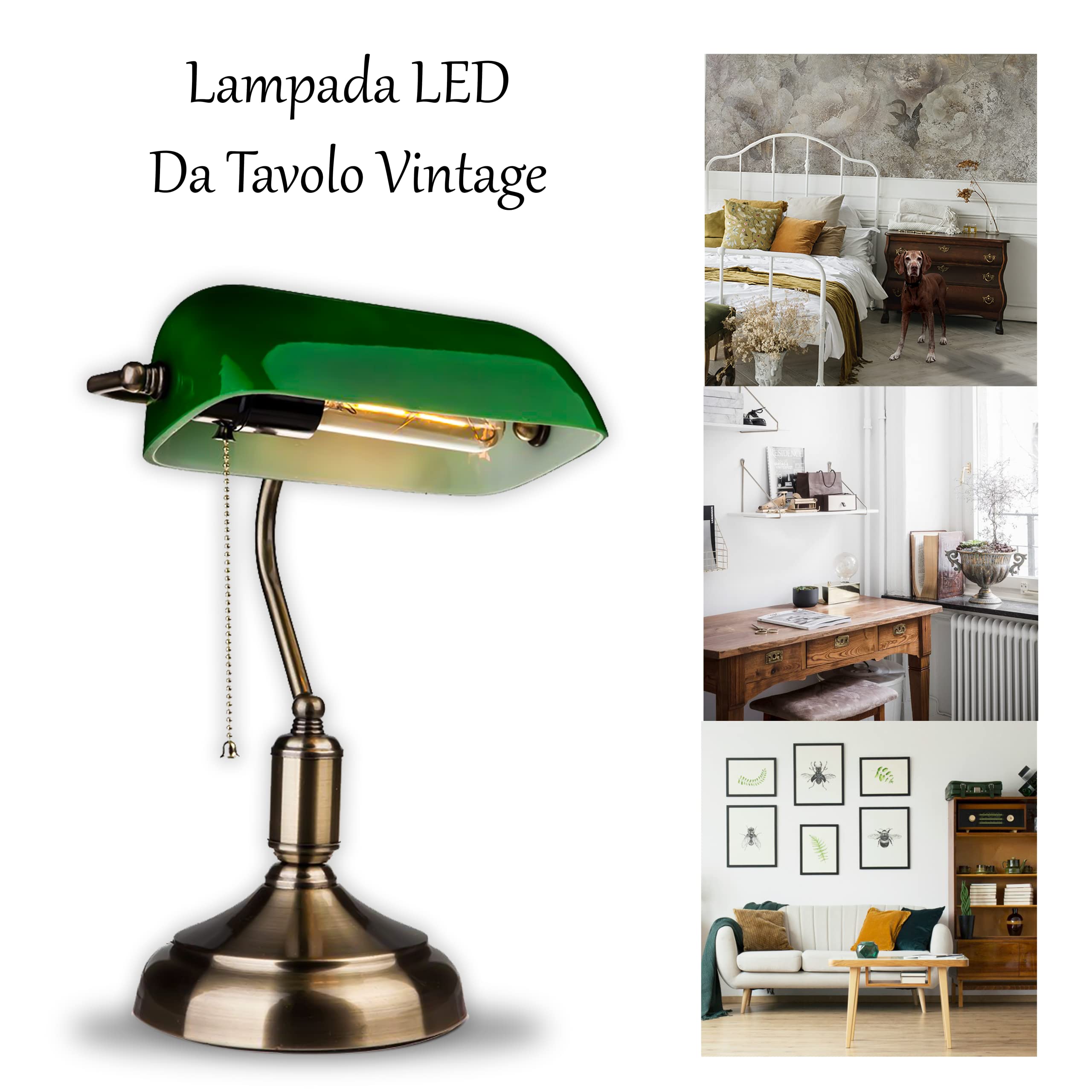 V-TAC Lampada Da Tavolo Vintage LED – Stile Retrò Con Paralume In Vetro Verde Inclinabile E Catena Per Accensione
