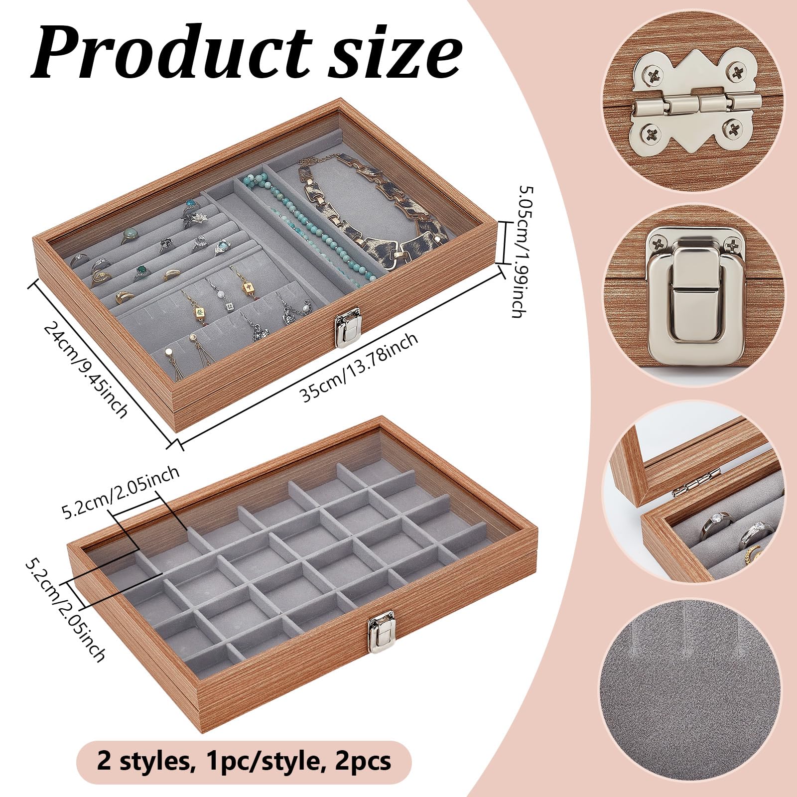 2 Stück Schmuckkästchen Aus Holz In 2 verschiedenen Ausführungen Schmucktablett Mit 24 Fächern Transparentem Deckel Und Grauem Samtfutter Ohrring Armband Und Ring Organizer,Vintage Stil