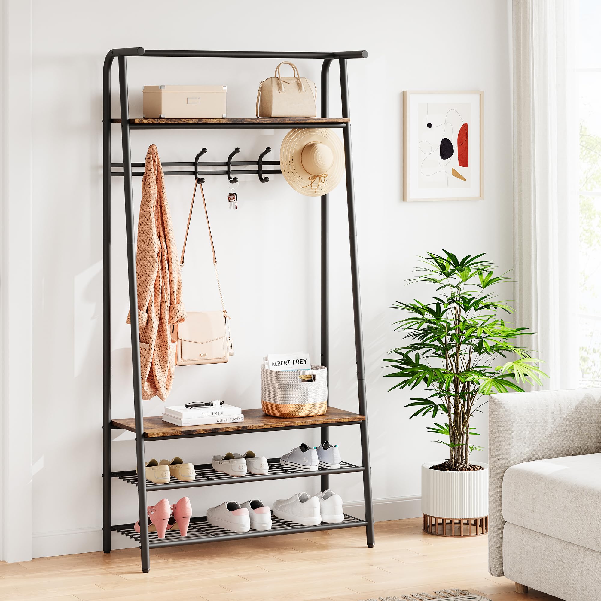 Aptliton Brown Multifunctional Hall Tree Coat Rack With Shoe Storage, 5 Single Row Hooks (80Cm Width), Hallway Storage Organizer, Wood Look Accent Furniture With Metal Frame, Ideal For Entryway