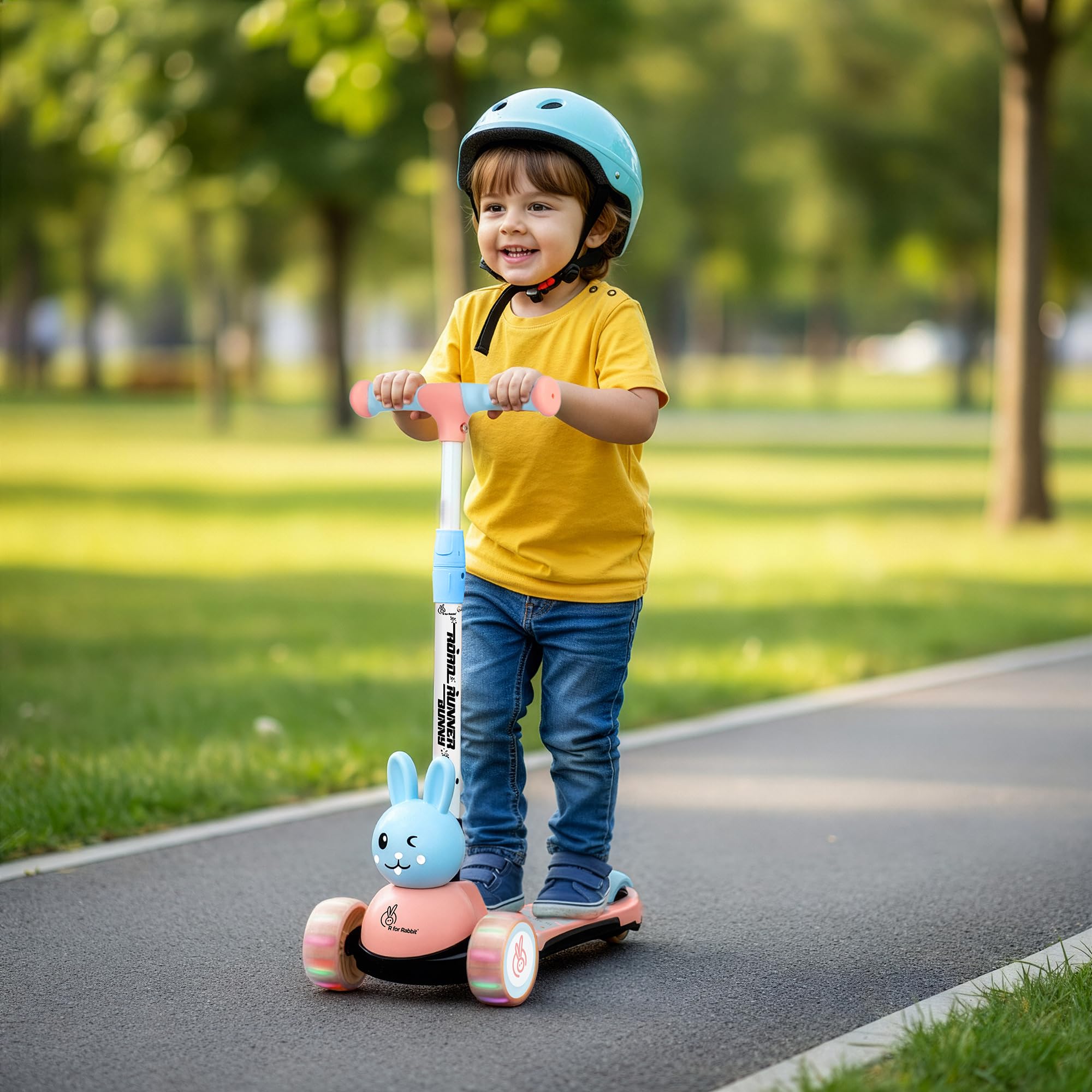 R for Rabbit Road Runner Bunny Kids Scooter, 3 Level Adjustable Height, Smart Fold & PU LED Wheels Kick Scooter with Brake for 3+ Years Kids, Weight Capacity Upto 75kgs (Pink Blue)-image-25