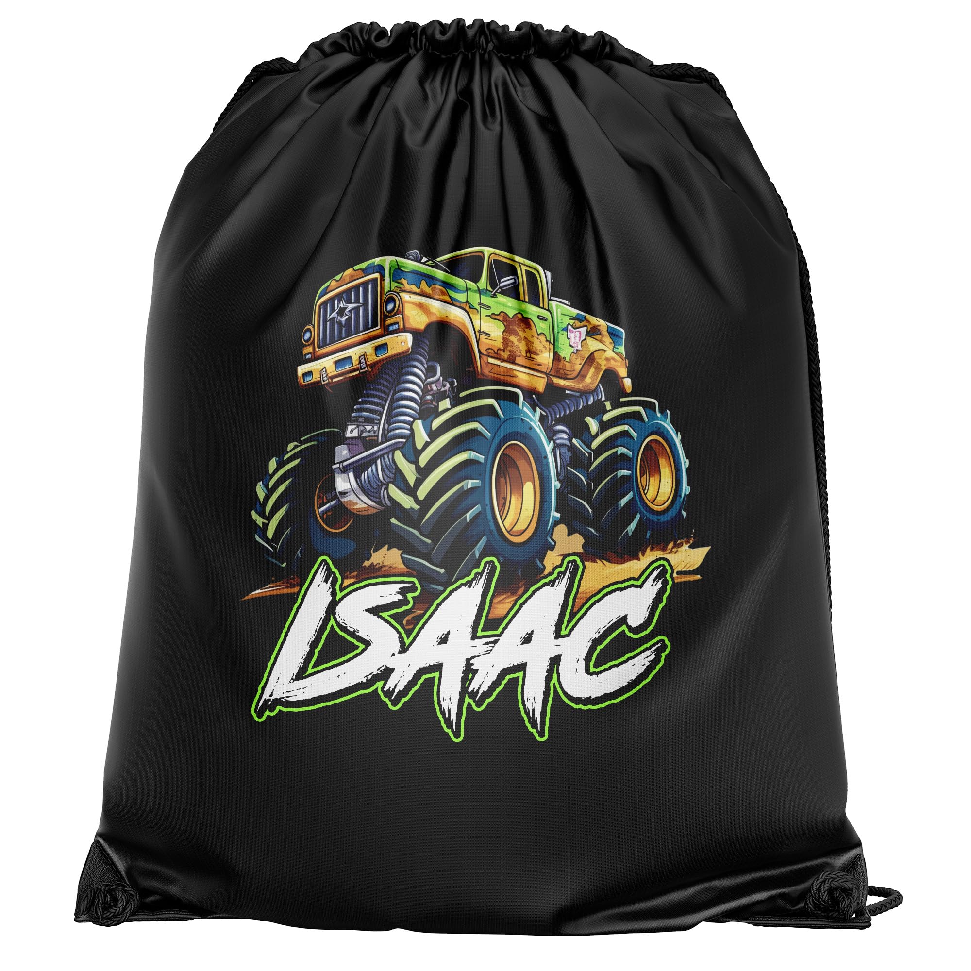 Monster Truck Personalised Drawstring Bag for Boys Off Road Track Back to School PE Sports Kids Bag, One Size, Black