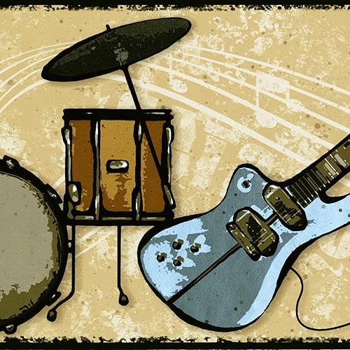 CONCORD WALLCOVERINGS - Papel tapiz con diseño de música de borde para guitarras y tambores para dormitorio de niños, sala de juegos, beige, negro y