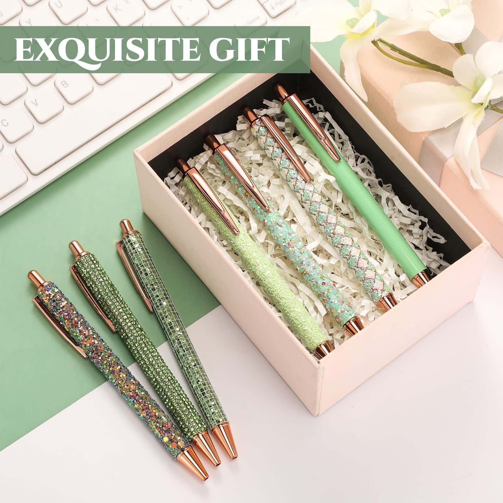 Sherr 7 Pcs Fancy Pens for Women Cute Sparkly Glitter Pens with 10 Pcs Black Ink Refills Pretty Gifts for Girls Office School Christmas Graduation(Fresh)
