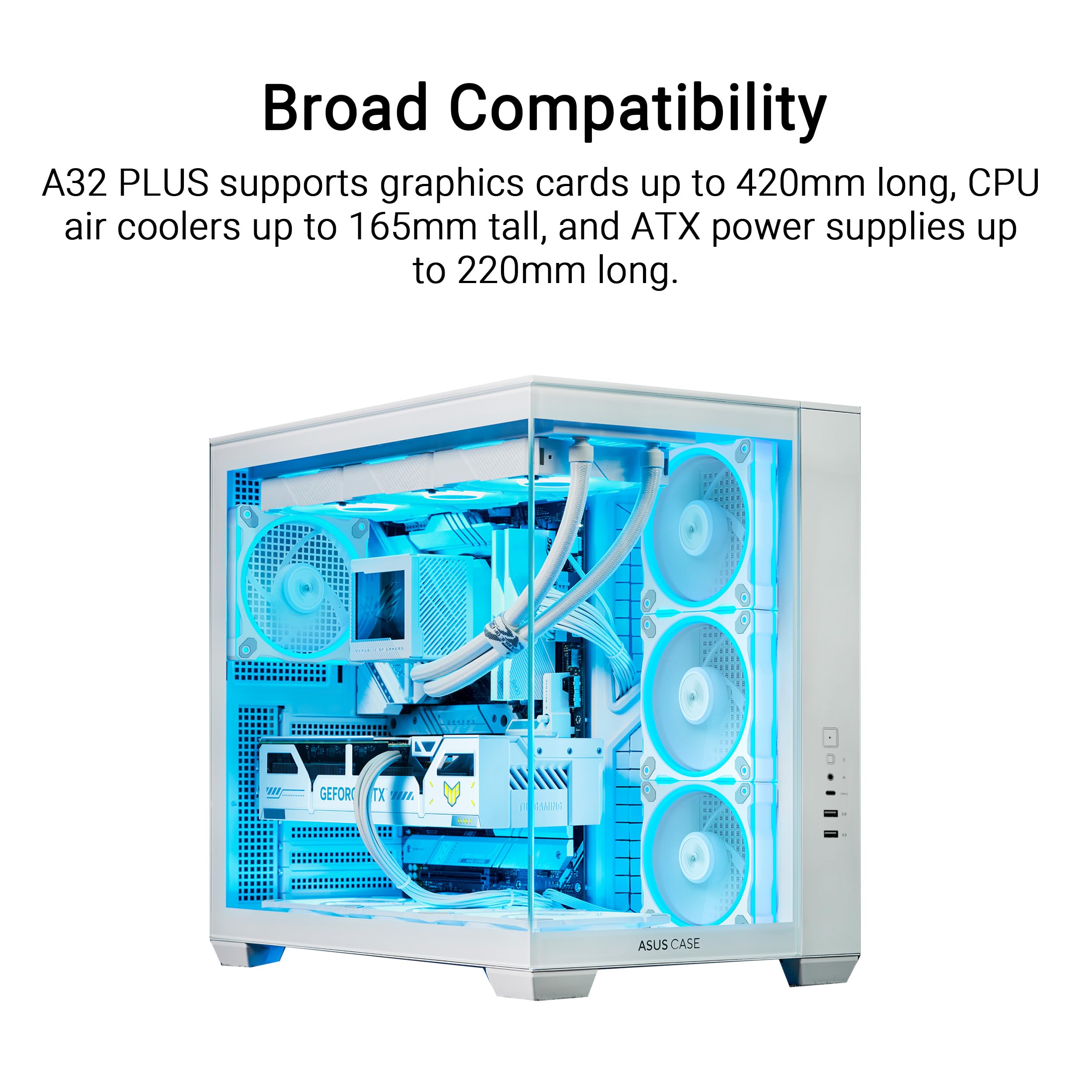 ASUS A32 PLUS TG ARGB WHITE obudowa z dwoma kamerami ATX, obsługuje grzejniki 360 mm i karty graficzne 420 mm, 4 fabrycznie zainstalowane wentylatory ARGB, czyste zarządzanie kablami, panoramiczna