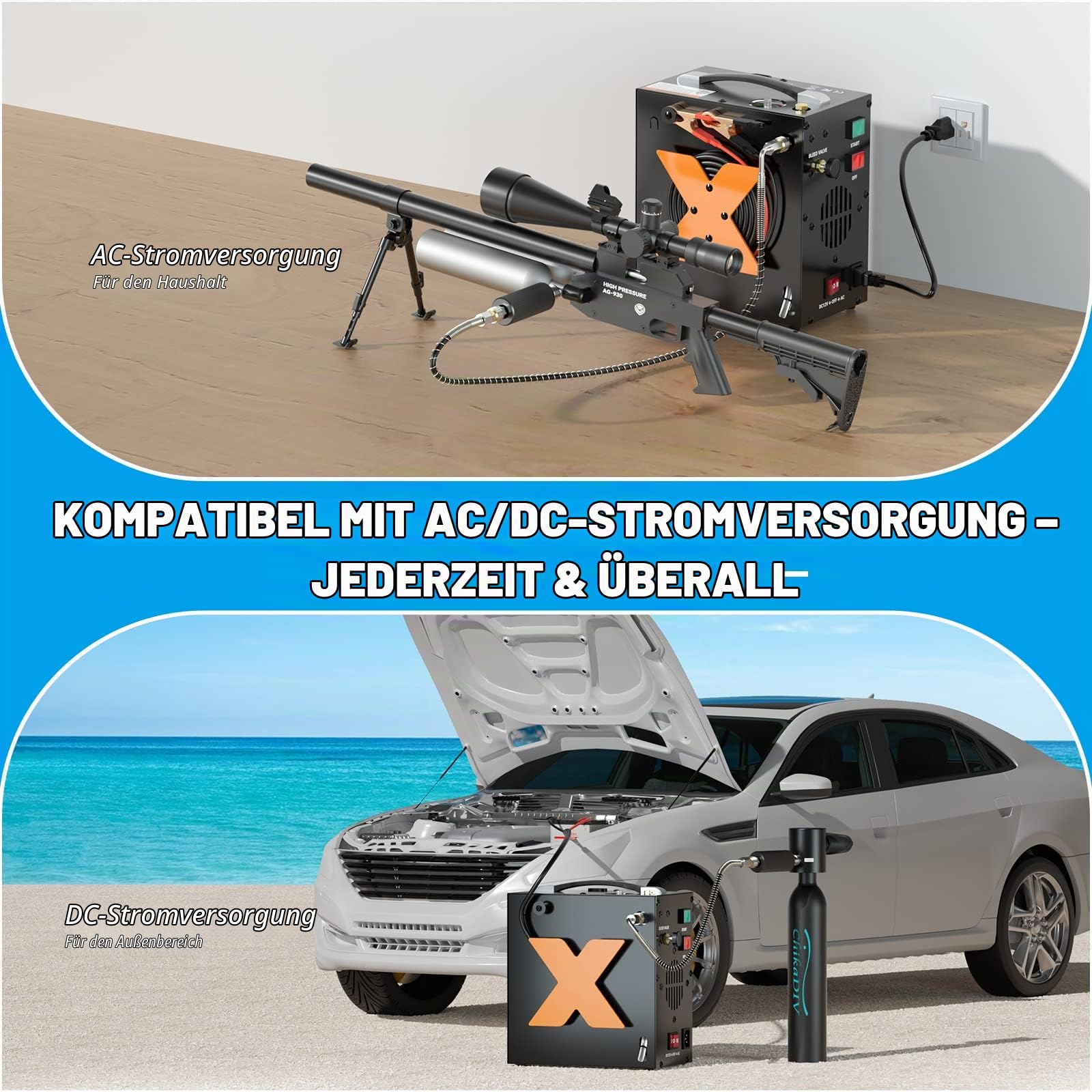 Tragbarer Tauchkompressor PCP Kompressor 300Bar / 4500Psi / 30Mpa Mini Tauchflaschen Kompressor Ölfreie Kompressoren mit automatischer Abschaltung, 12V DC Autobatterie oder Home 220V AC