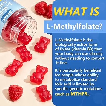 L-MethylFolate 15mg+ Methyl B12 Gummies for Kids & Adults - Active 5-MTHF with Methyl B6, B1, B2 Multivitamin, Supports MTHFR Gene, Cognition, Focus, Vegan, Raspberry Flavor, 60 Count