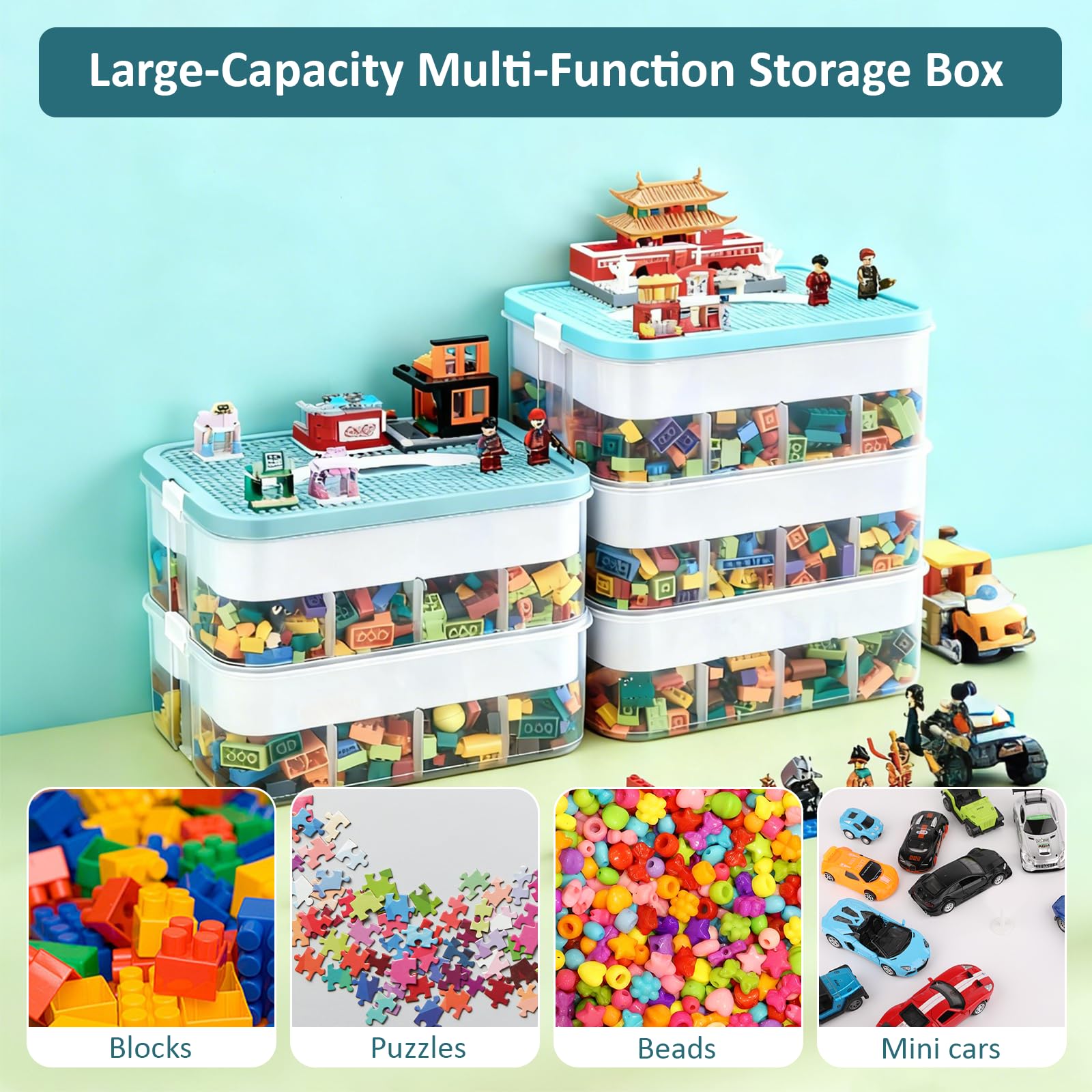 Organizzatore di immagazzinaggio per giocattoli impilabili Lego Scatola contenitore per giocattoli Scatola contenitore per giocattoli Multi scomparto Blocchi di ordinamento Contenitore
