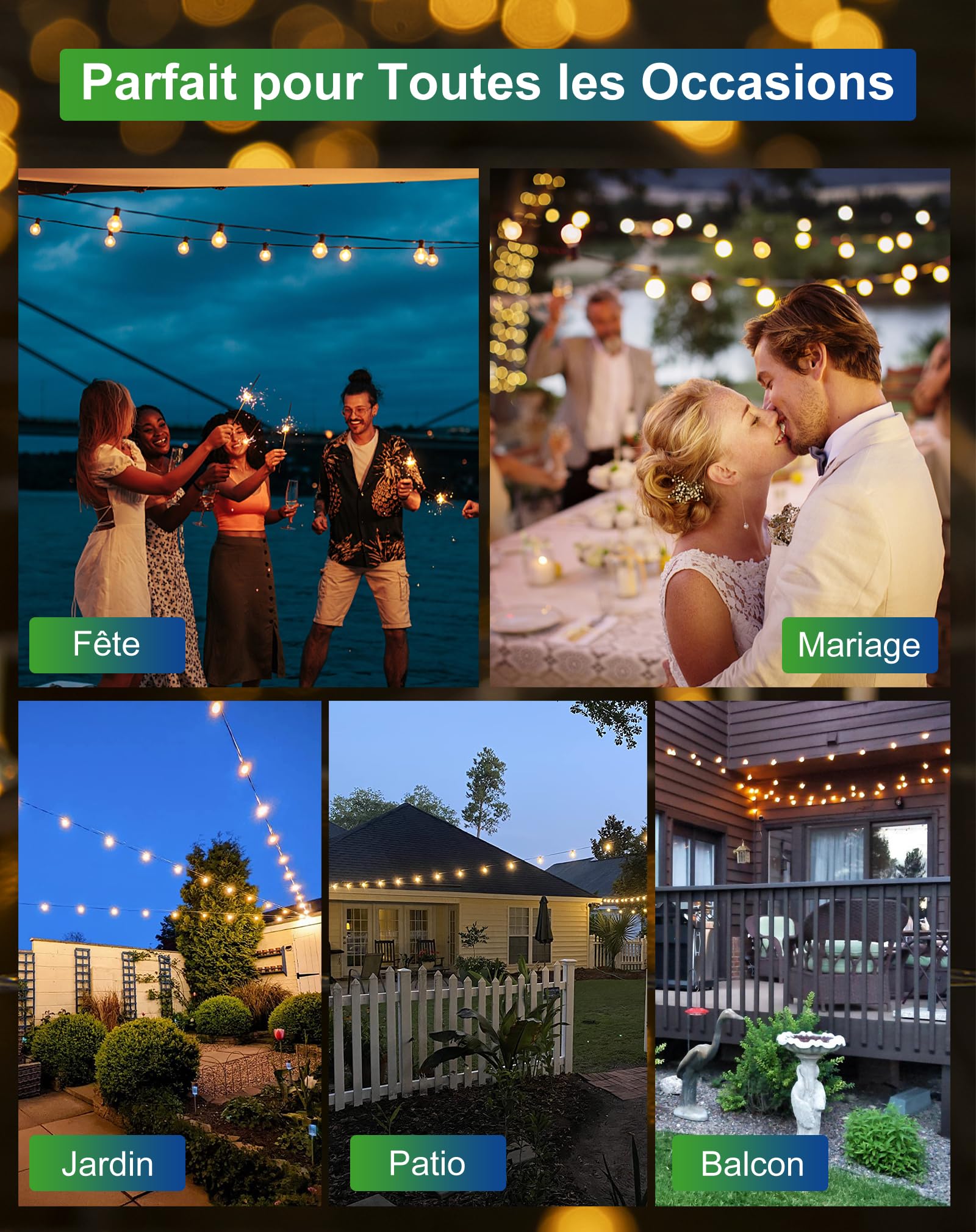 Zuske 9.5M Guirlande Solaire Extérieur, 15+1 LED Ampoules Guirlande Lumineuse Extérieure, 5 Modes, IP65 Guirlande Guinguette Solaire pour Patio, Jardin, Partie, Anniversaire, Mariage - Blanc Chaud