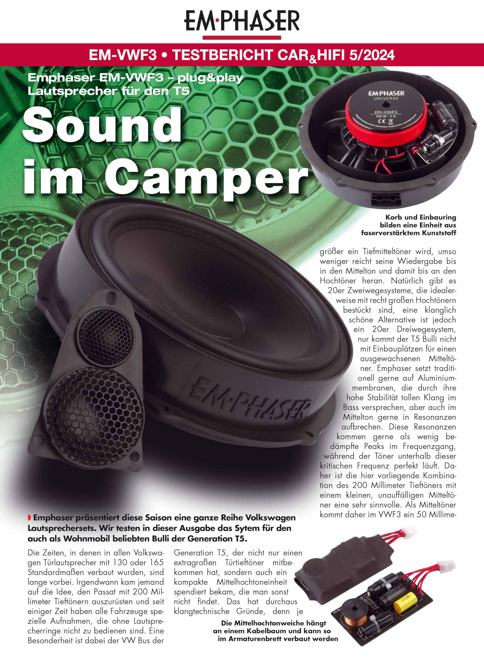 EMPHASER EM-VWF3 – Plug & Play 3-Wege 20 cm / 8“ Komponenten System, kompatibel mit VW T5 Transportern, Reisemobilen, Einbau Lautsprecher für Türen/Armaturenbrett, 100 W RMS