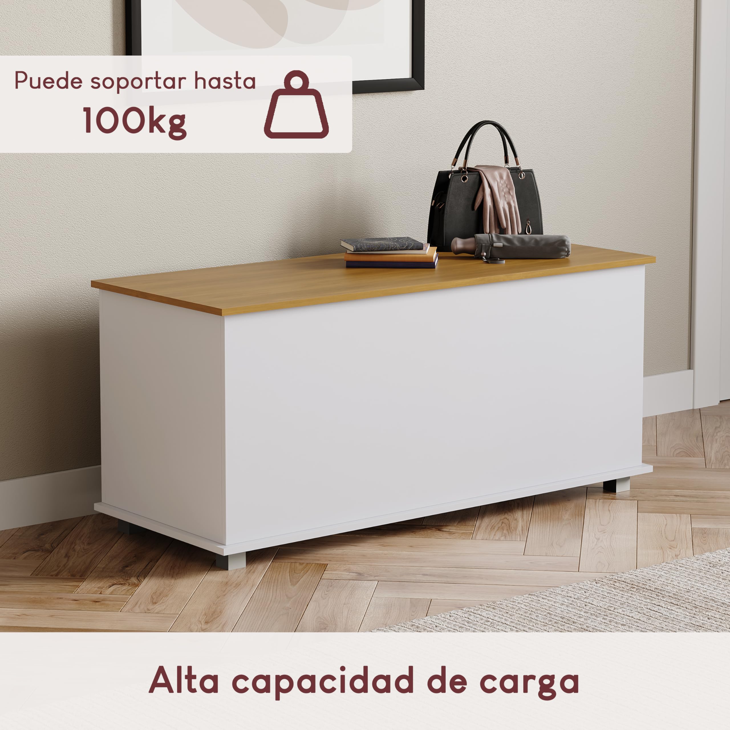 Vida Designs Leon - Otomana de almacenamiento, madera en blanco y roble, 100 x 40 x 48 cm, banco de almacenamiento otomano con tapa elevable, ideal para juguetes, ropa de cama y reposapiés