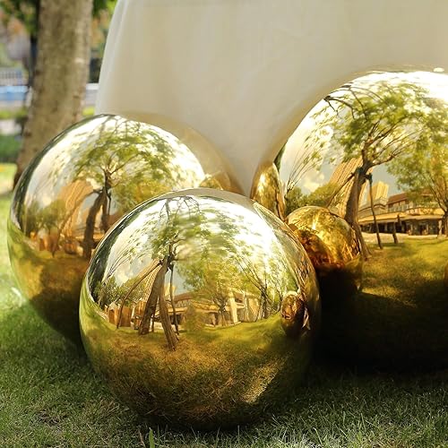 Miniatura 4 de Efavormart - Esfera de espejo de acero inoxidable dorada con esfera hueca reflectante brillante para jardín, 16 pulgadas