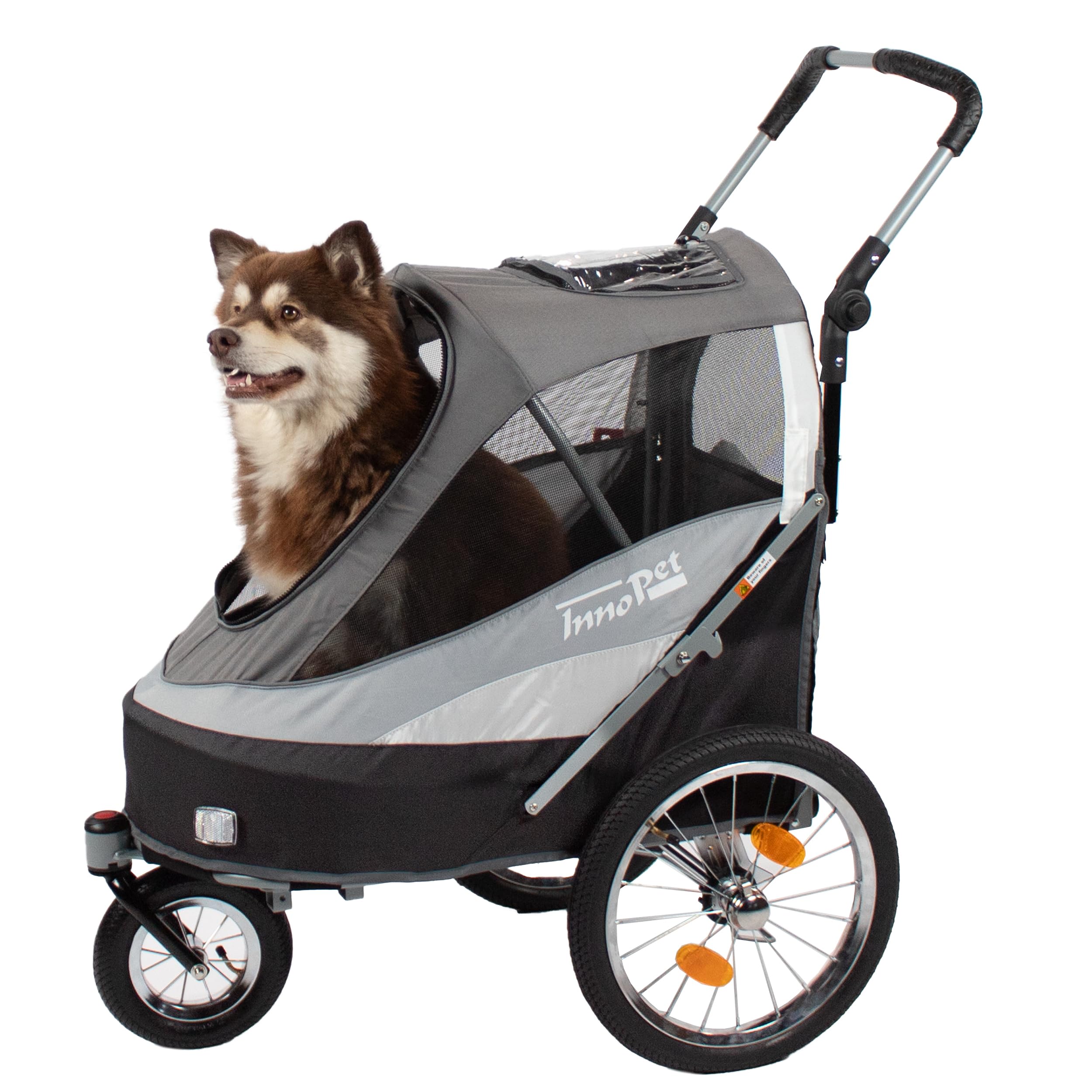 Innopet Sporty Dog Trailer Deluxe Noir/Argent - Poussette pour chien et remorque pour vélo 2 en 1 avec housse de pluie Capacité30 kg - Drapeau - Barre d'attelage et connecteur pour vélo